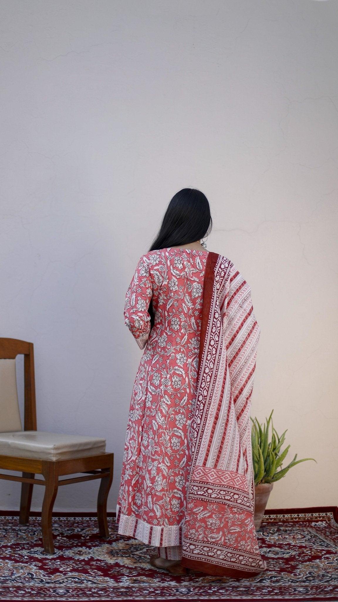 Cotton Anarkali Style Kurta With Printed Dupatta & Pant - M'Foks