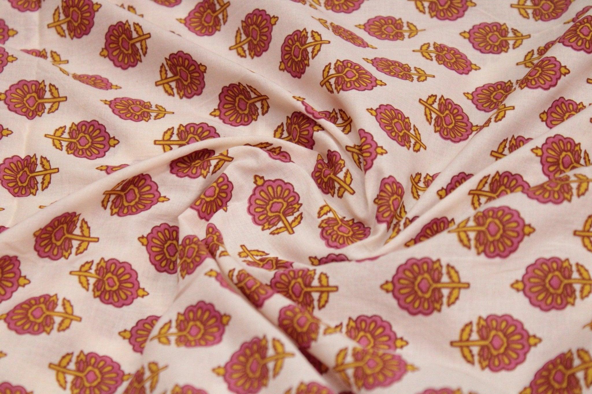 Cotton Buti Screen Block Print Fabric - Cream - M'Foks