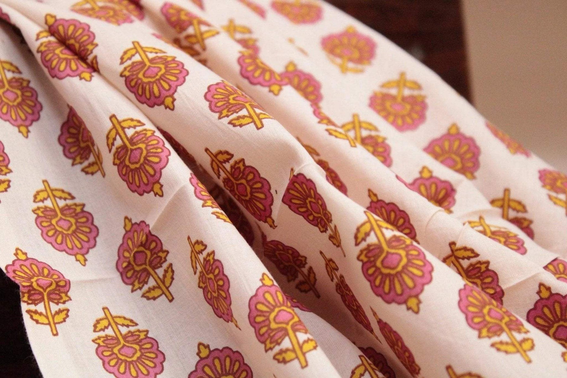 Cotton Buti Screen Block Print Fabric Cream