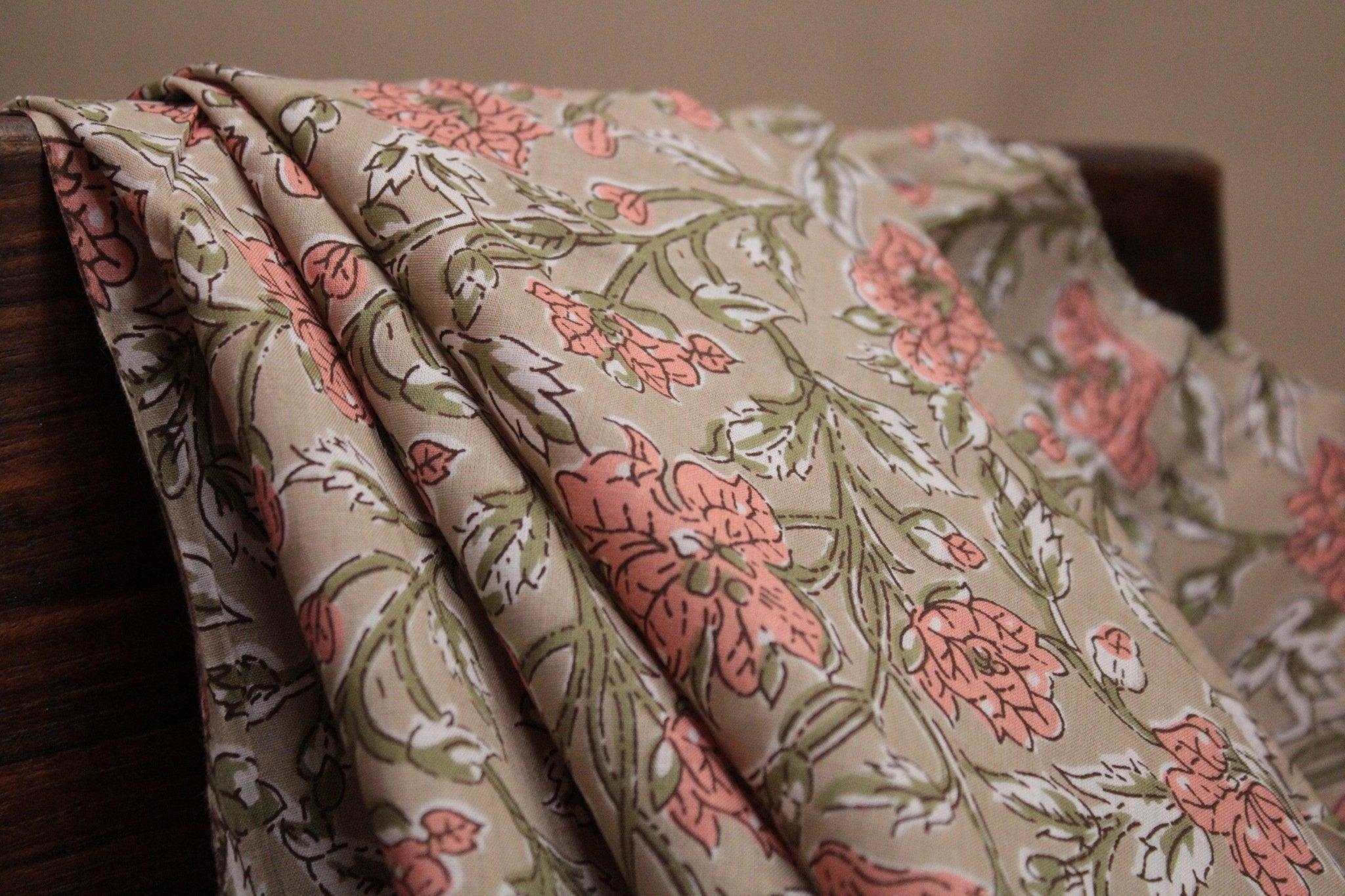 Cotton Floral Screen Block Print Fabric - Beige - M'Foks