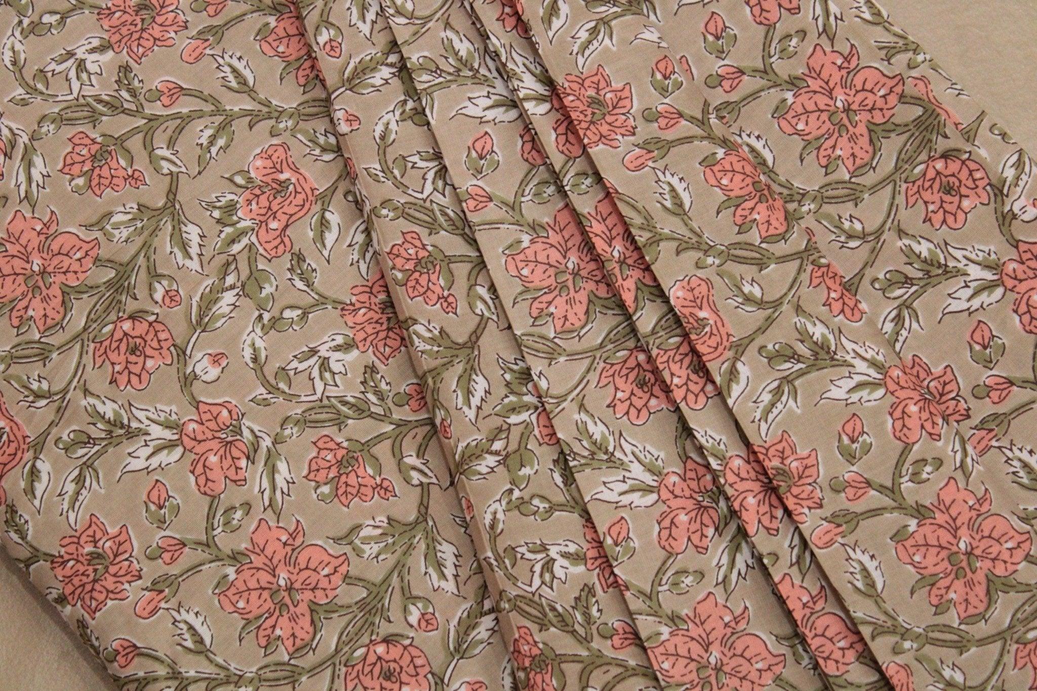 Cotton Floral Screen Block Print Fabric - Beige - M'Foks