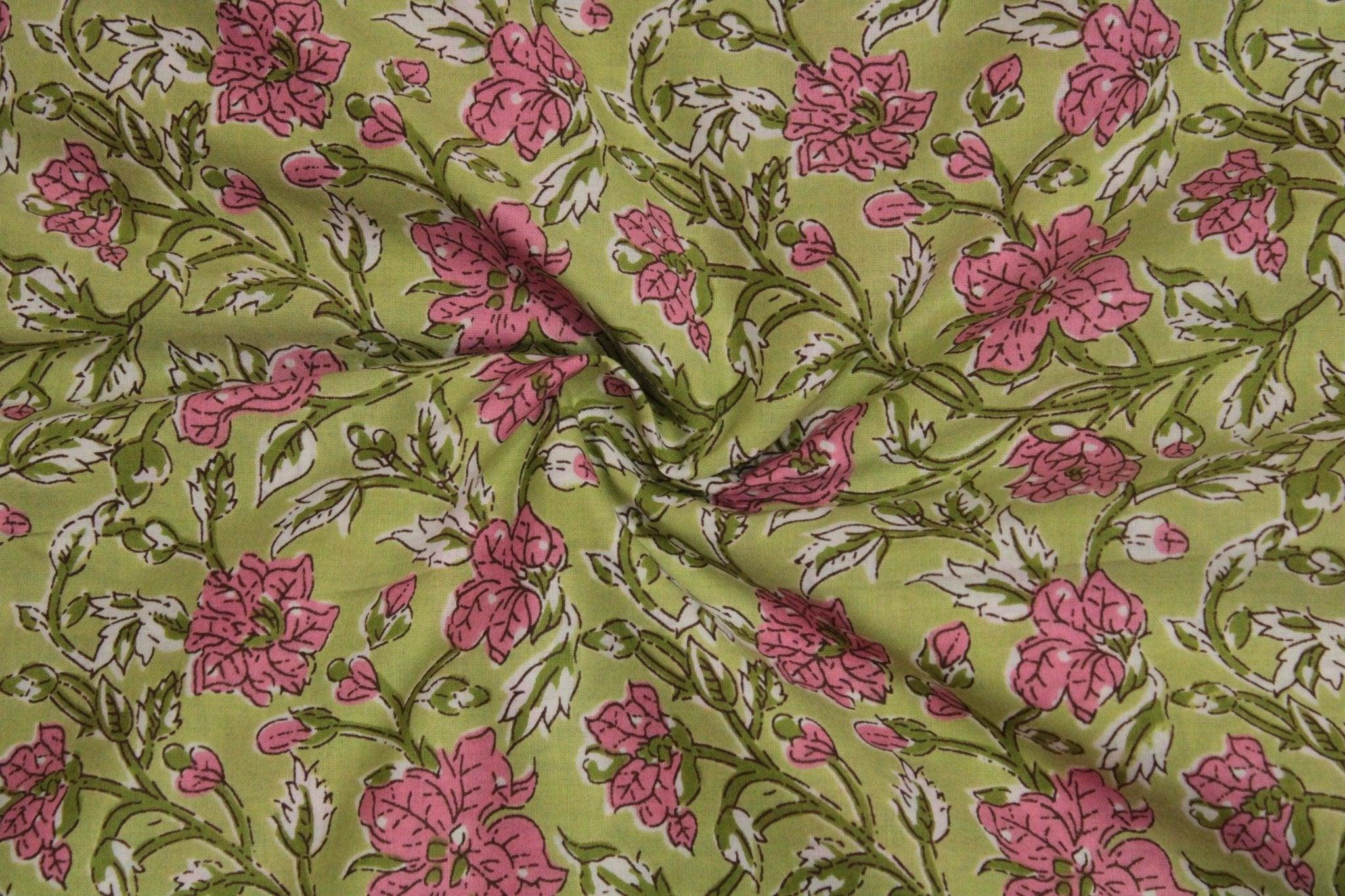 Cotton Floral Screen Block Print Fabric - Green - M'Foks