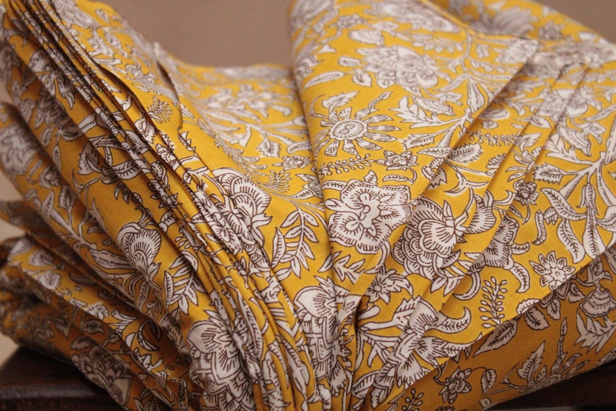 Cotton Floral Screen Block Print Fabric - Yellow - M'Foks