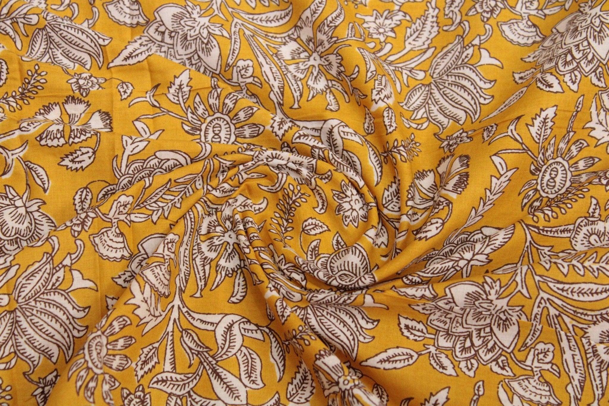 Cotton Floral Screen Block Print Fabric - Yellow - M'Foks