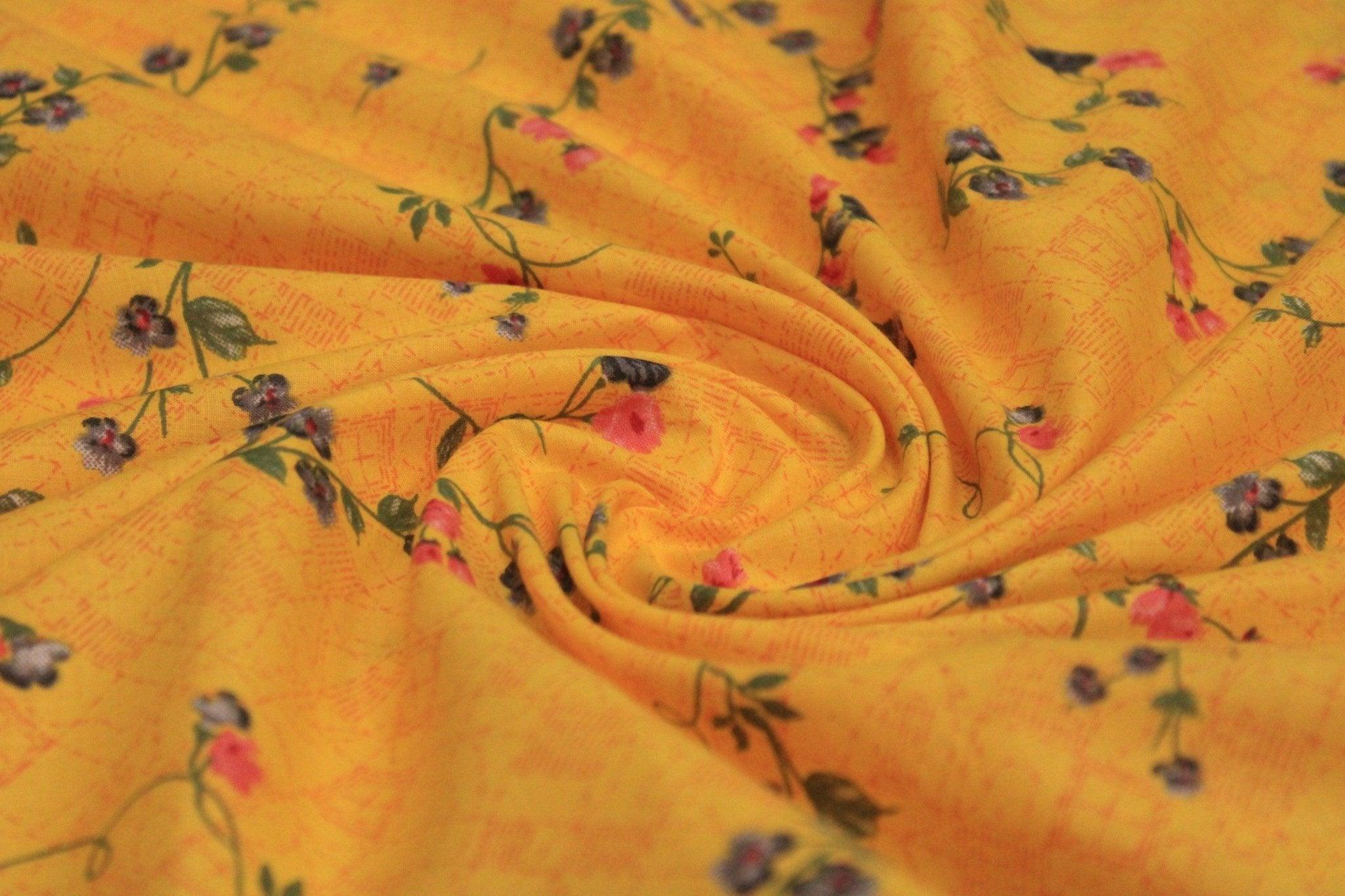 Cotton Floral Screen Print Fabric - Yellow - M'Foks