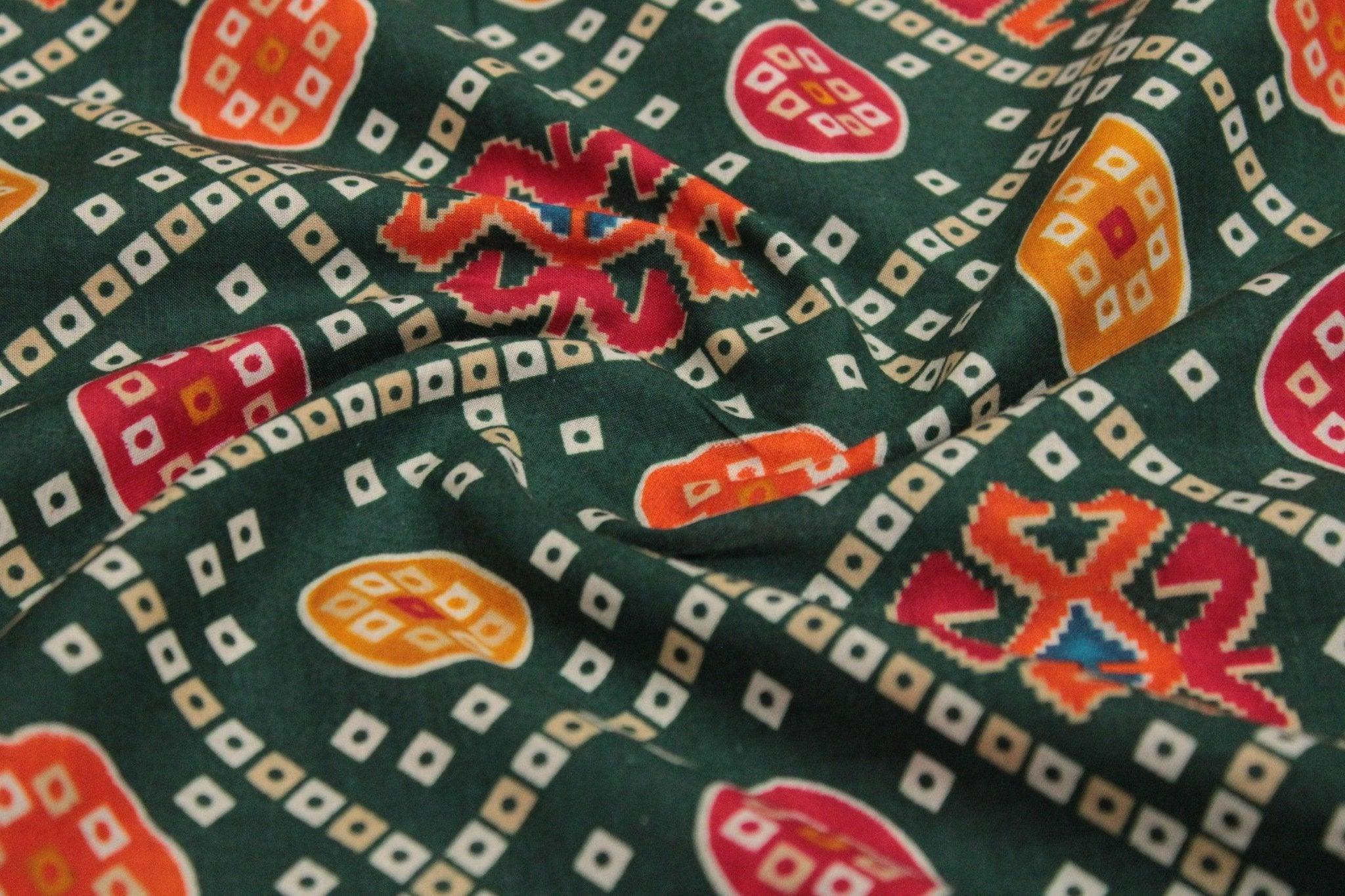 Cotton Patola Bandhini Screen Print Fabric - Green - M'Foks