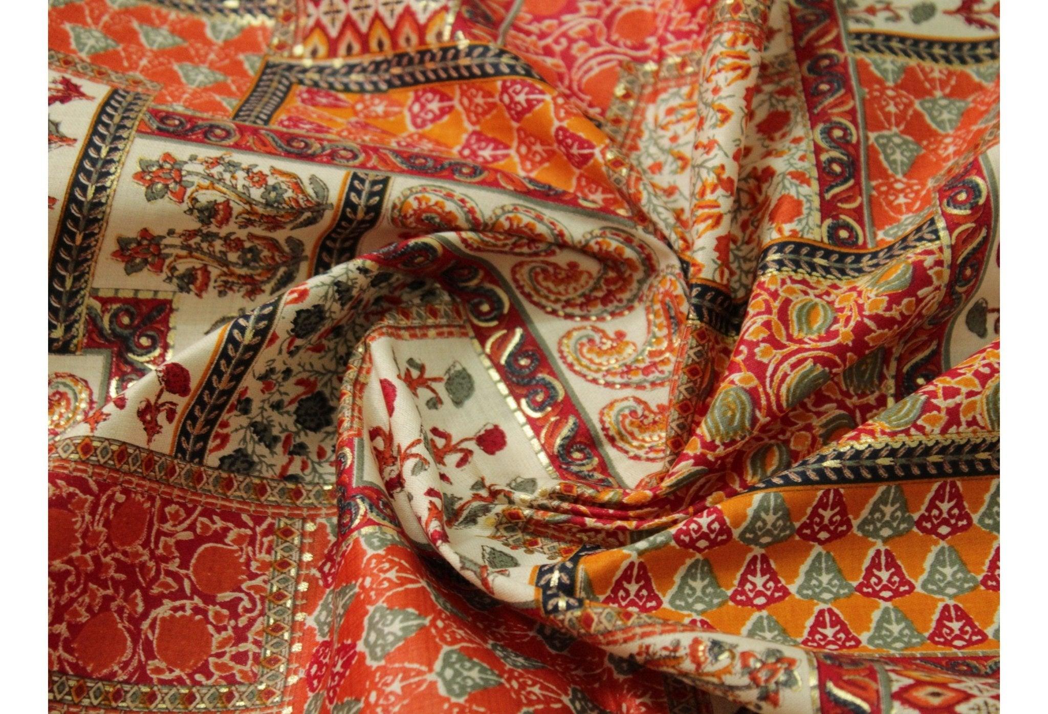Cotton Satin Bold Patch Foil Print Fabric - Orange - M'Foks