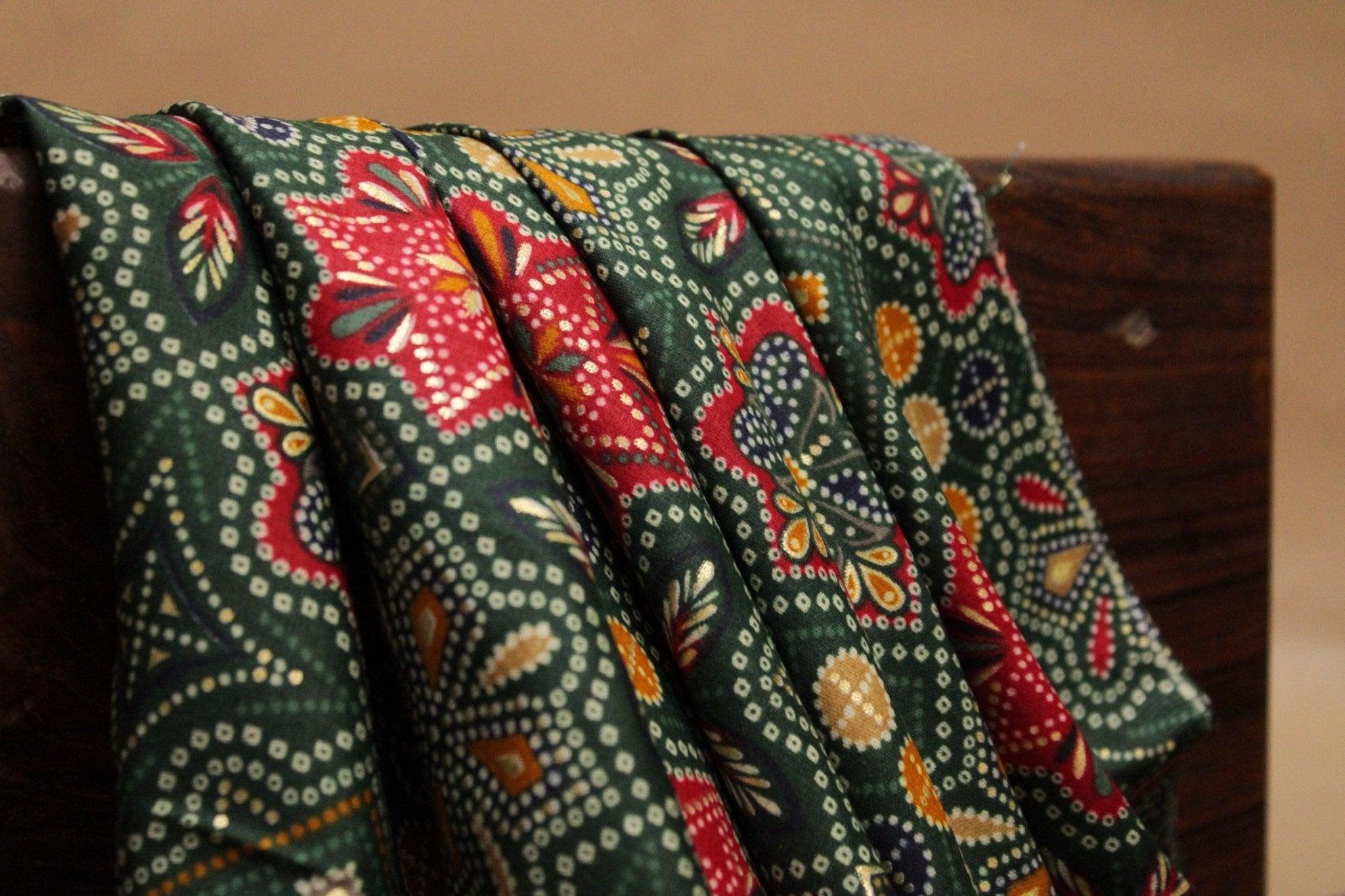 Cotton Satin Floral Bandhini Print Fabric - Green - M'Foks