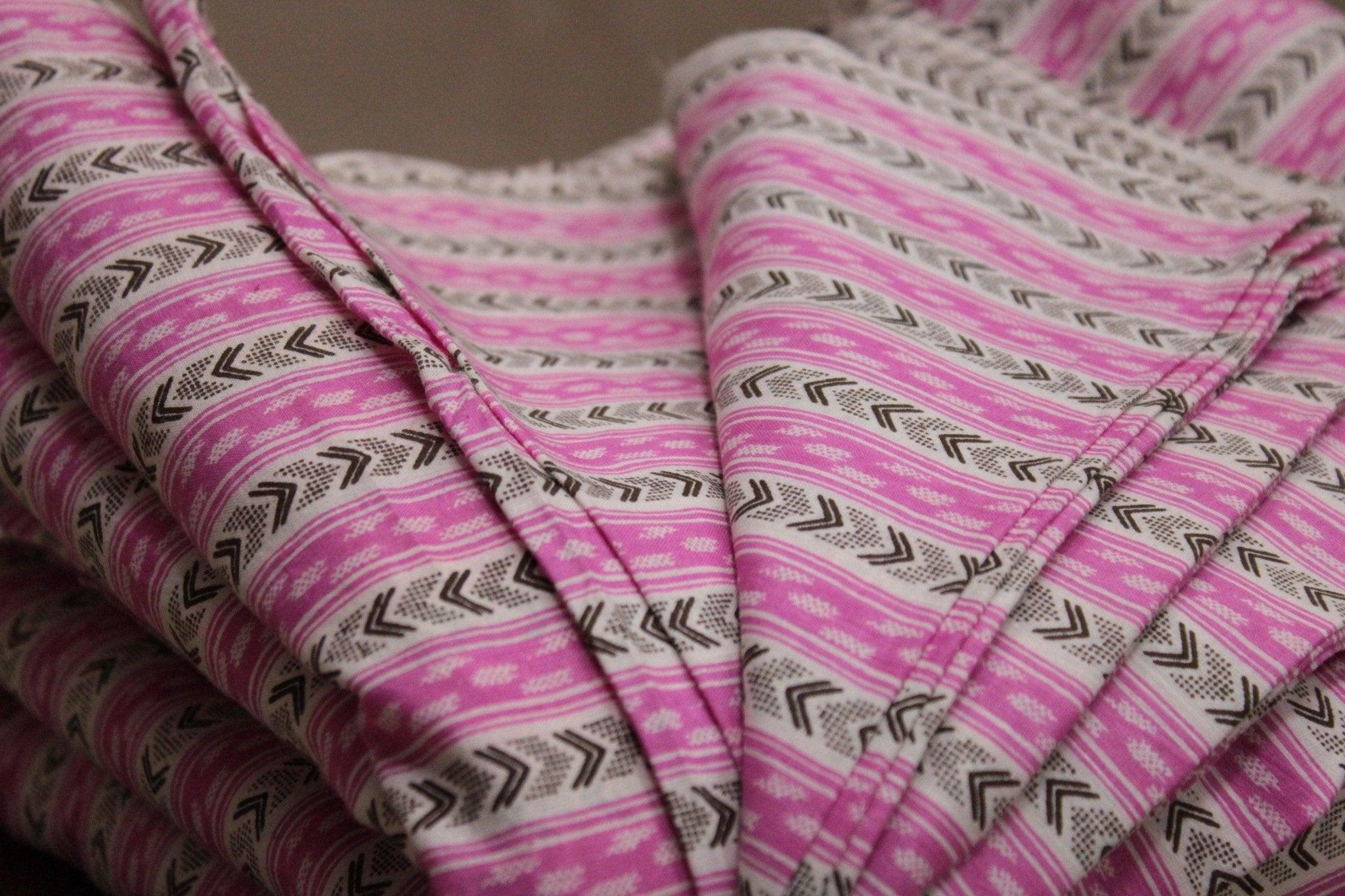 Cotton Stripe Screen Block Print Fabric - Pink - M'Foks
