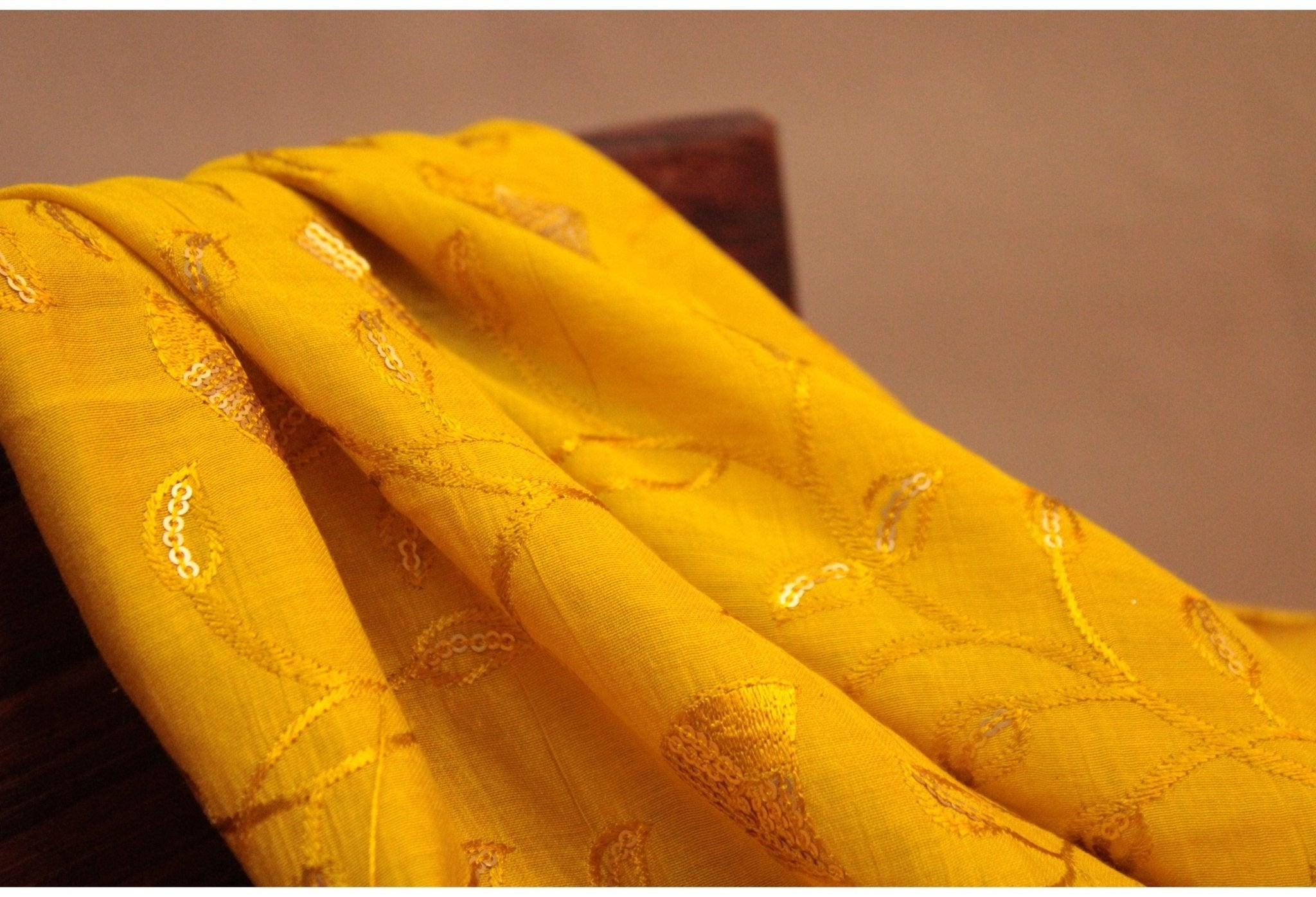 Fine Chanderi Silk Sequin Thread Work Fabric - Mehandi Yellow - M'Foks