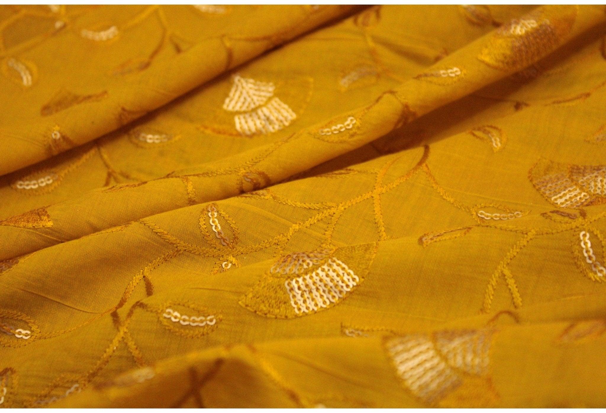 Fine Chanderi Silk Sequin Thread Work Fabric - Mehandi Yellow - M'Foks