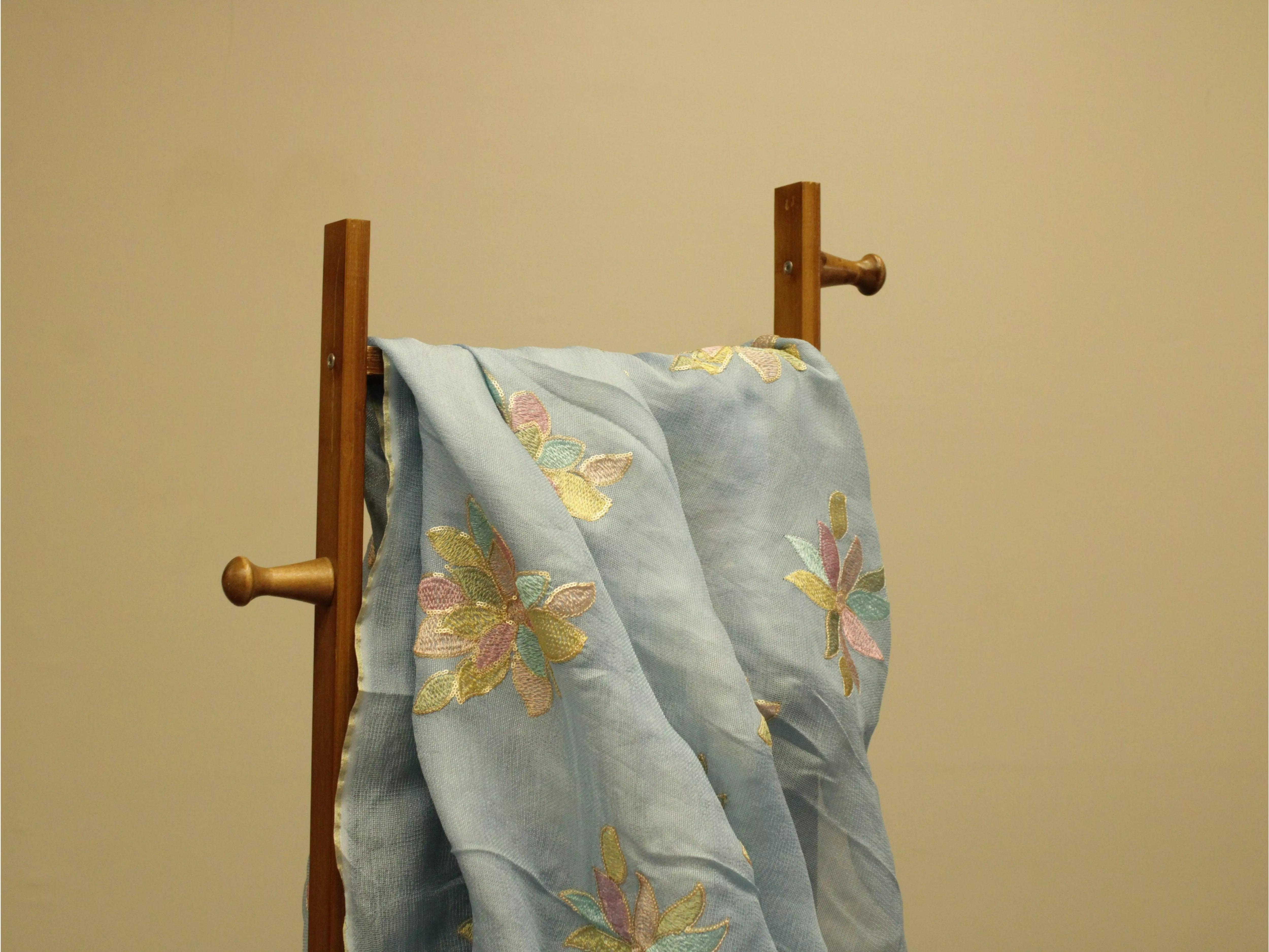 Floral Thread Work Doriya Textured Chanderi Fabric - Blue - M'Foks