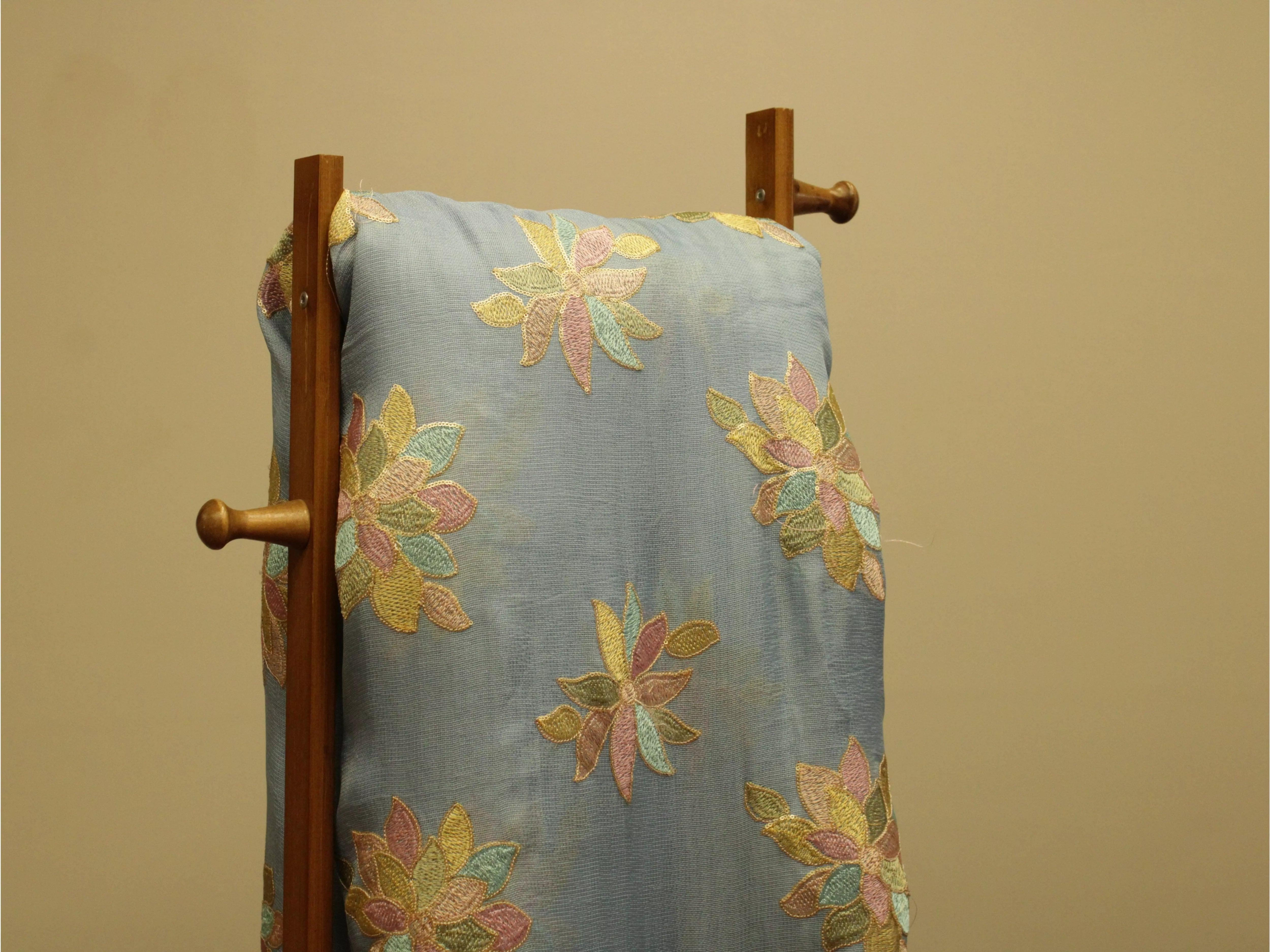 Floral Thread Work Doriya Textured Chanderi Fabric - Blue - M'Foks