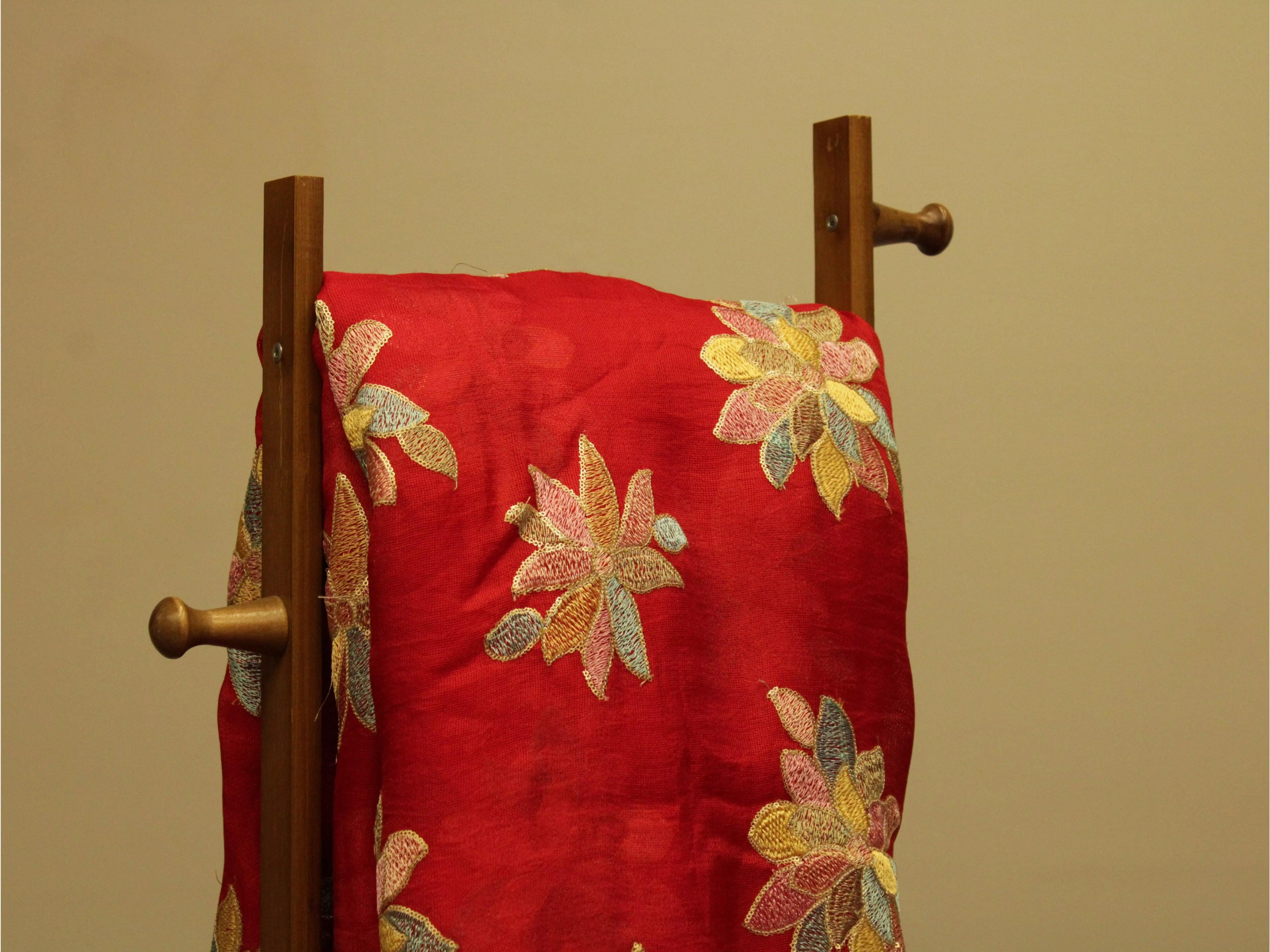 Floral Thread Work Doriya Textured Chanderi Fabric - Red - M'Foks