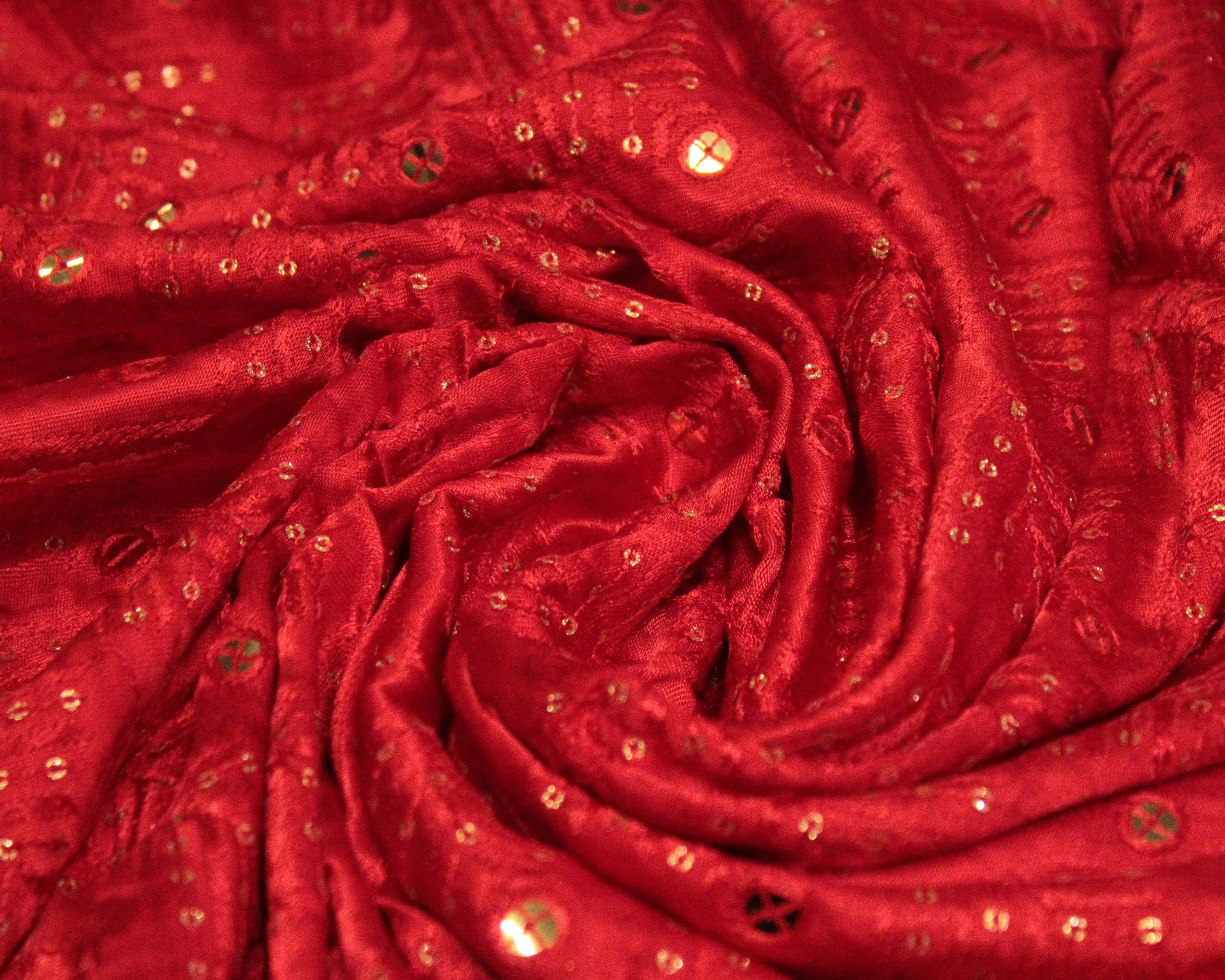 Gaji Silk Thread & Paper Mirror Work Fabric - Red - M'Foks