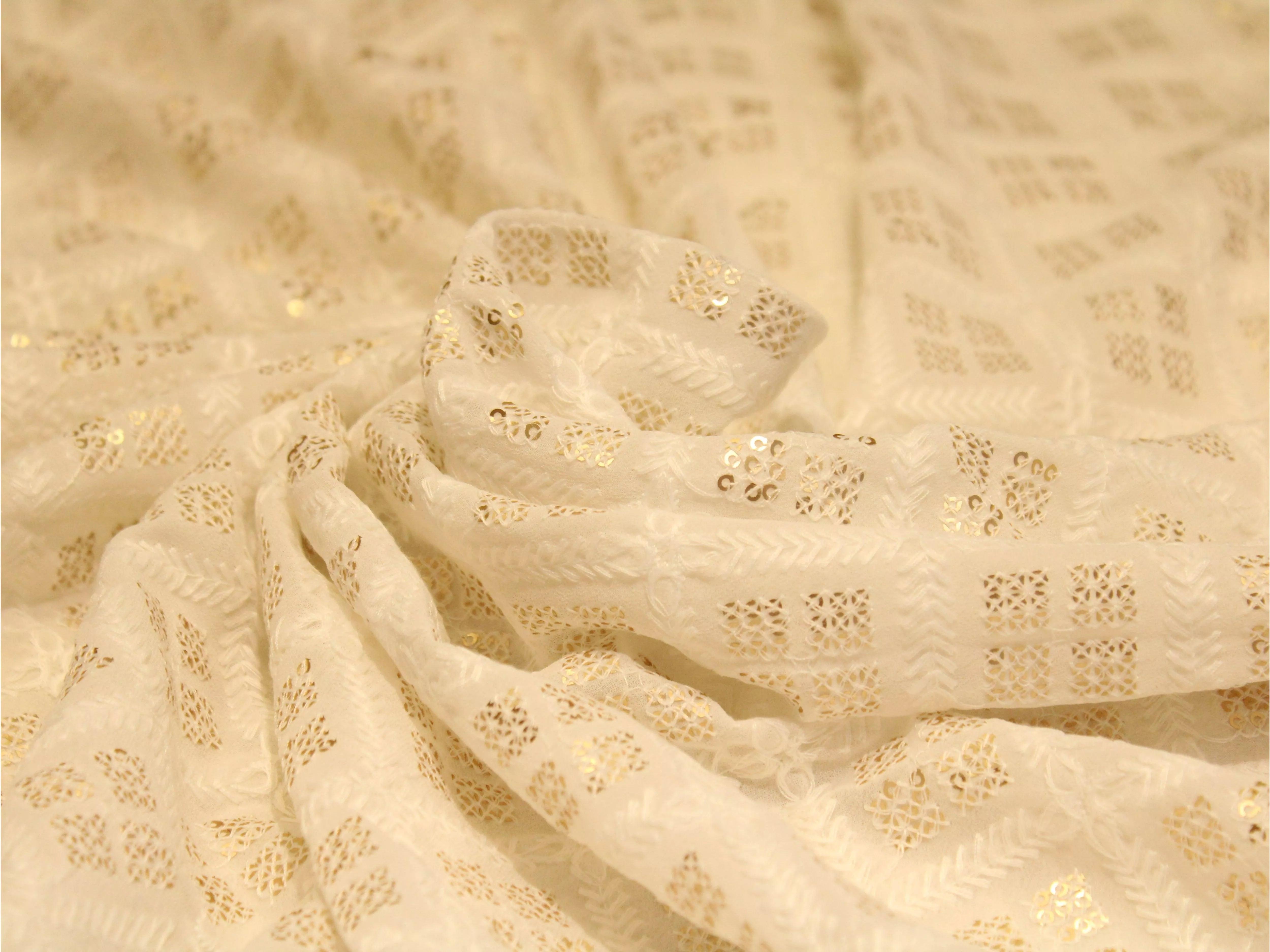 Georgette Delight : Lucknawi Thread Work Fabric - White - M'Foks