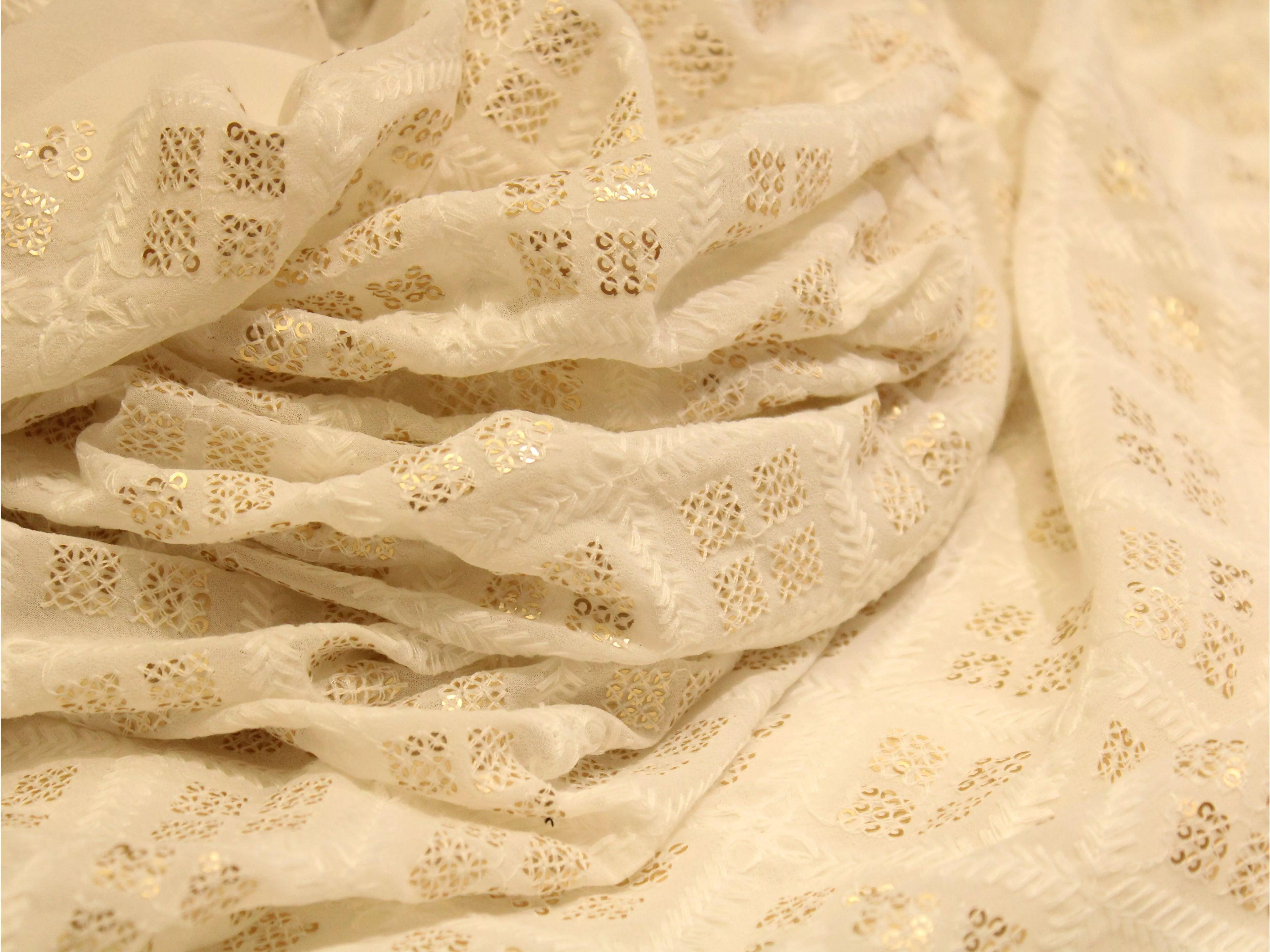 Georgette Delight : Lucknawi Thread Work Fabric - White - M'Foks