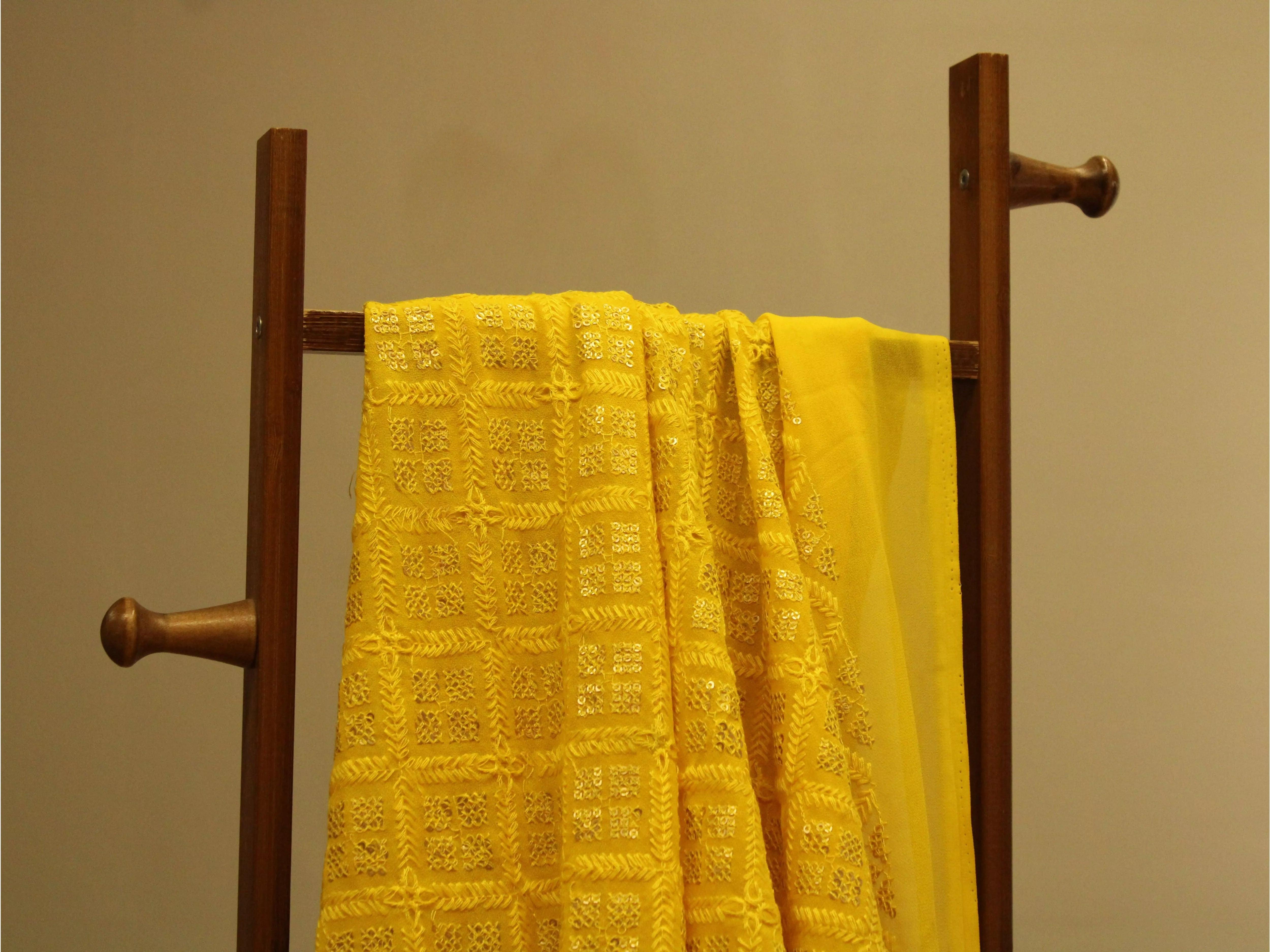 Georgette Delight : Lucknawi Thread Work Fabric - Yellow - M'Foks