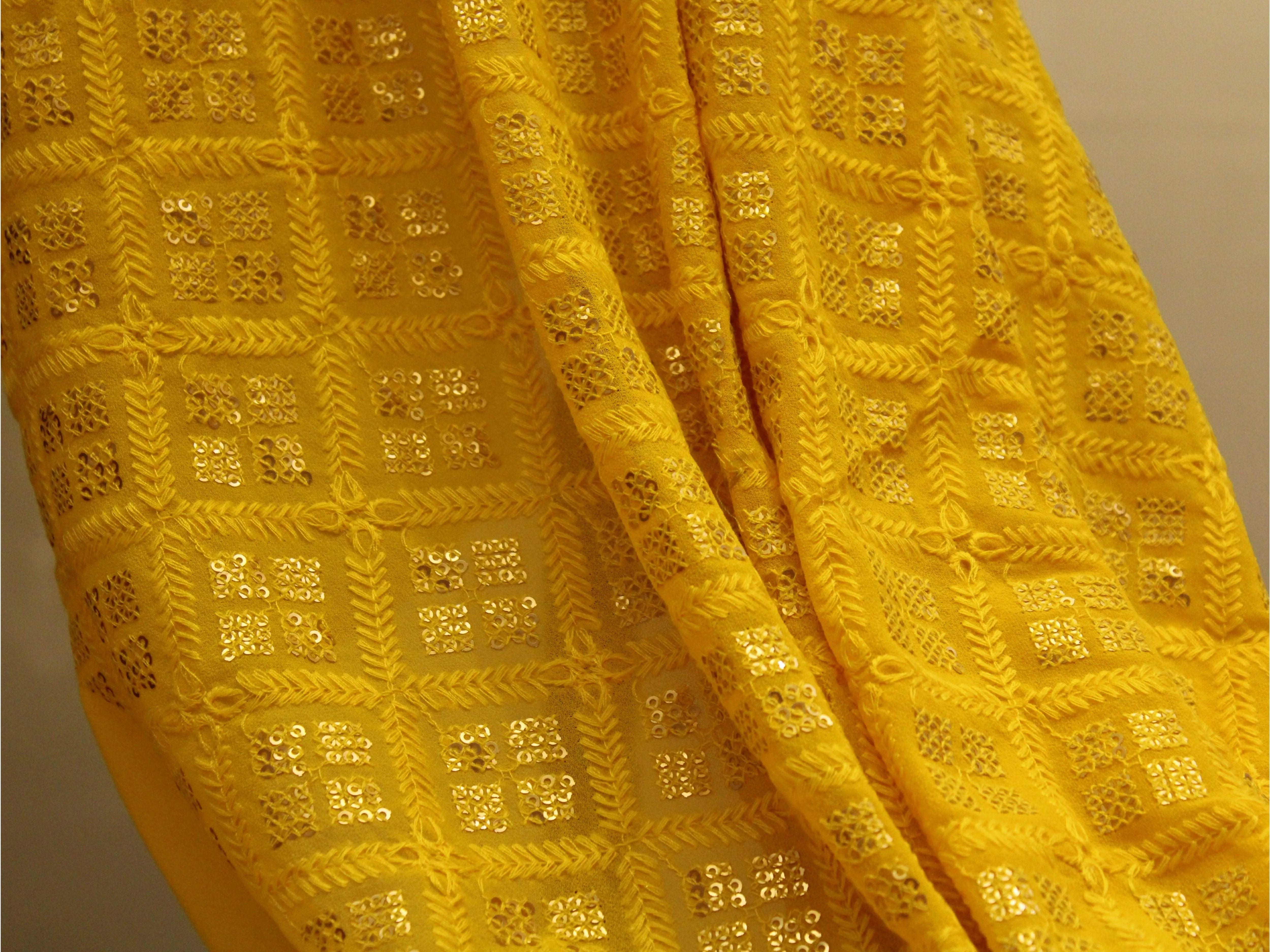 Georgette Delight : Lucknawi Thread Work Fabric - Yellow - M'Foks