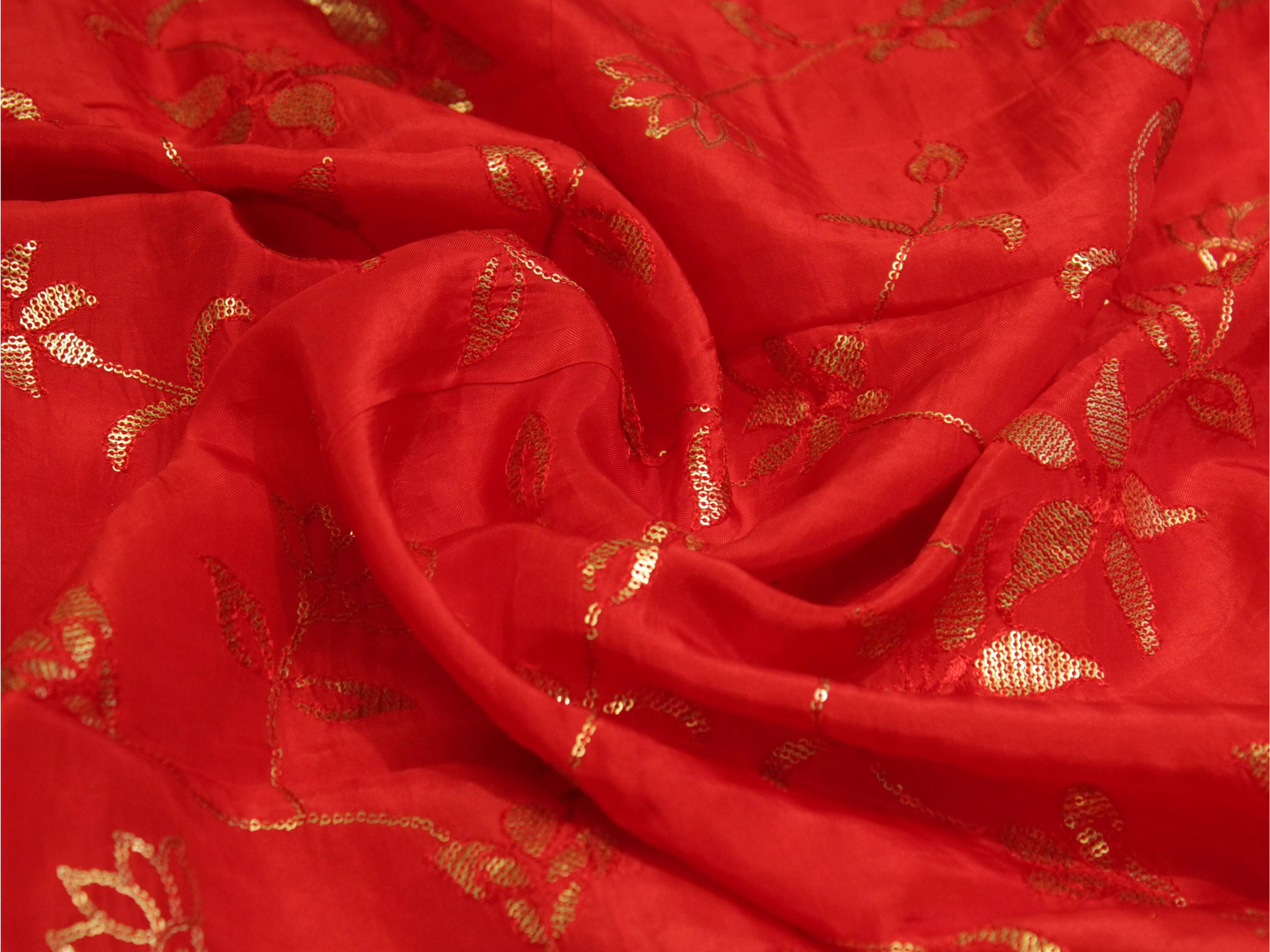 Micro Sequin Jaal Work Uppada Silk Fabric - Red - M'Foks