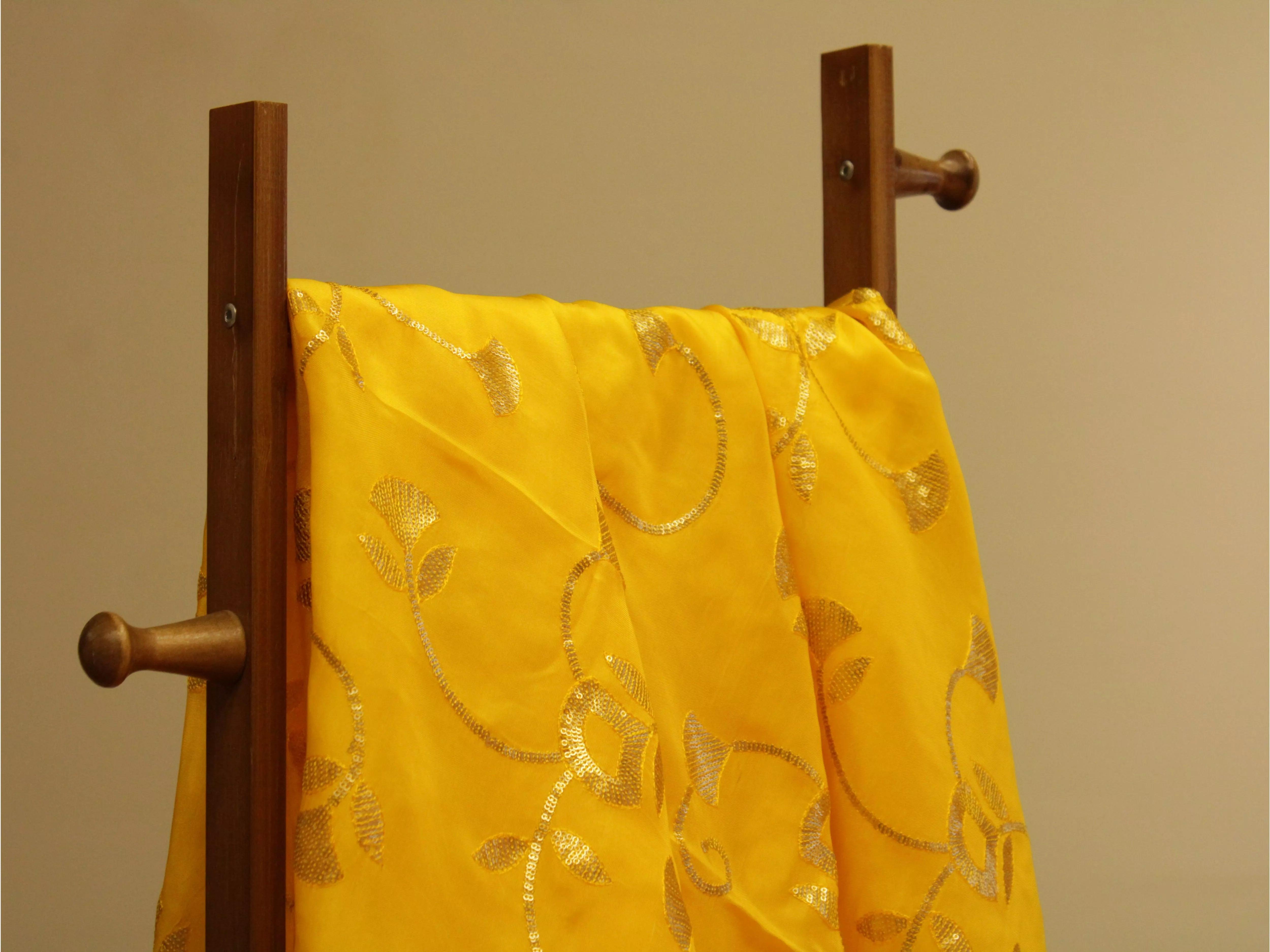 Micro Sequin Jaal Work Uppada Silk Fabric - Yellow - M'Foks
