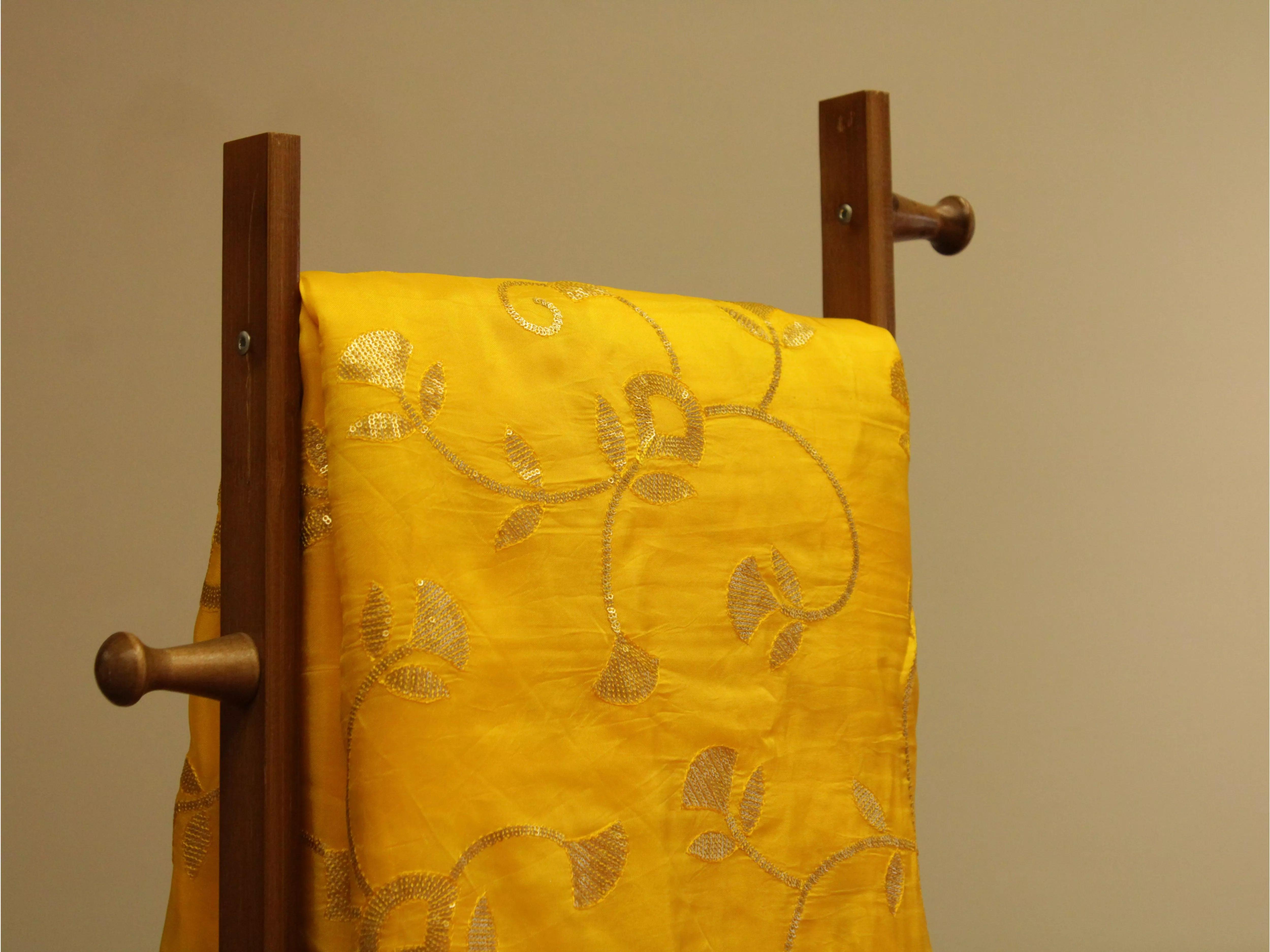 Micro Sequin Jaal Work Uppada Silk Fabric - Yellow - M'Foks