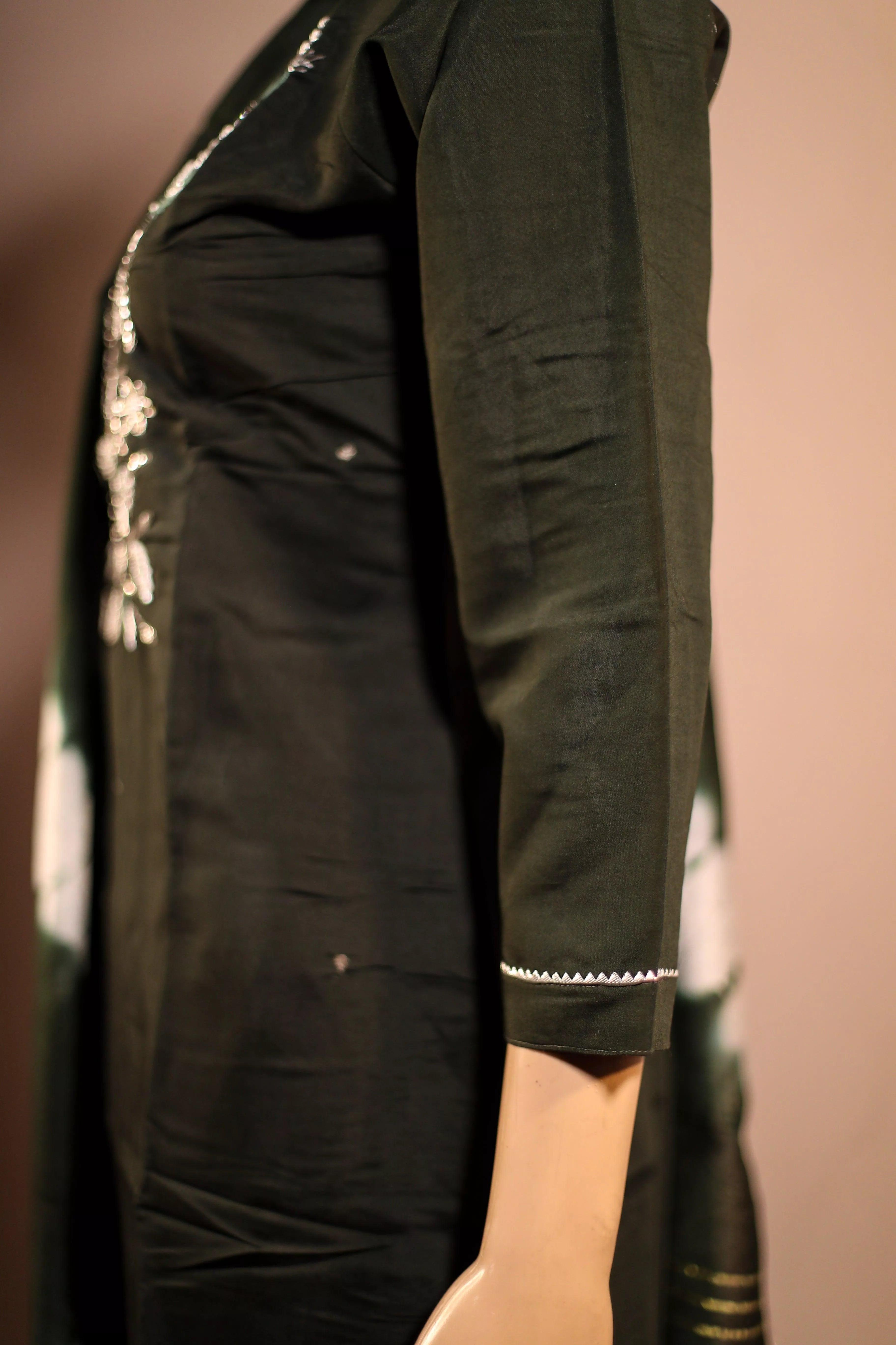 Midnight X M'Foks - Fine Silk Hand Work Kurta With Tie & Dye Dupatta & Pant - Dark green - M'Foks