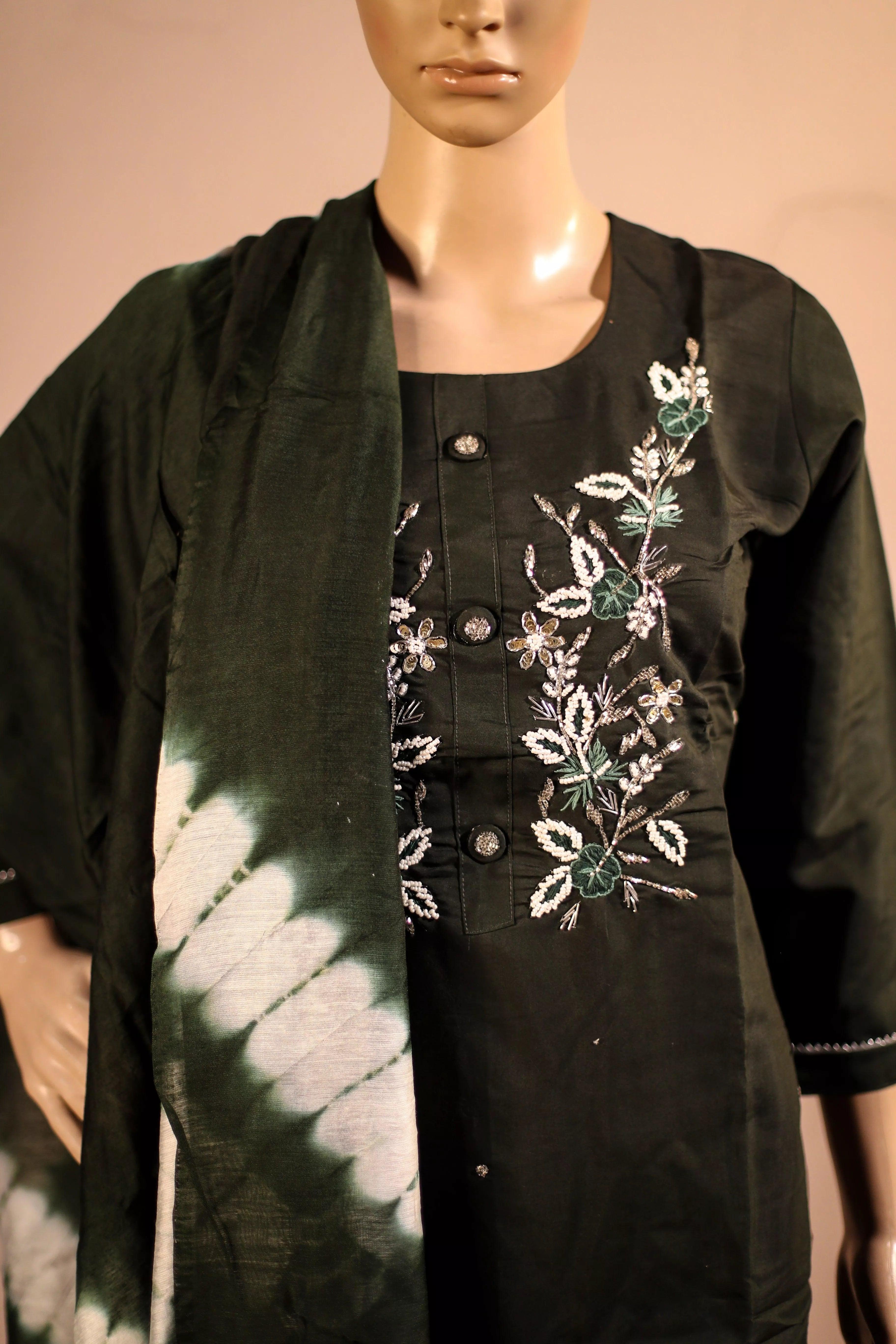 Midnight X M'Foks - Fine Silk Hand Work Kurta With Tie & Dye Dupatta & Pant - Dark green - M'Foks