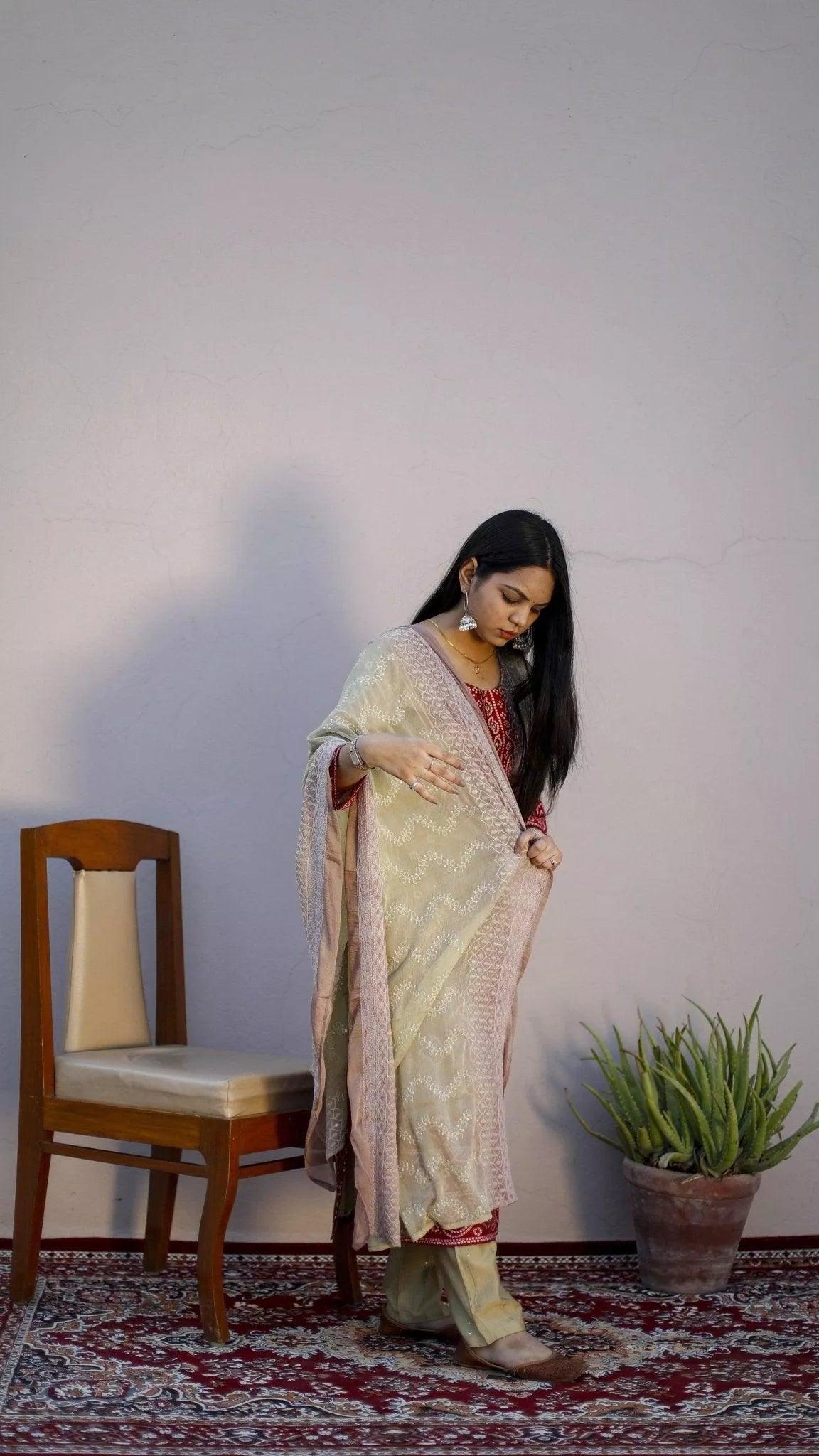 Modal Muslin Silk Hand Work Kurta With Chikankari Chiffon Dupatta & Pant - M'Foks