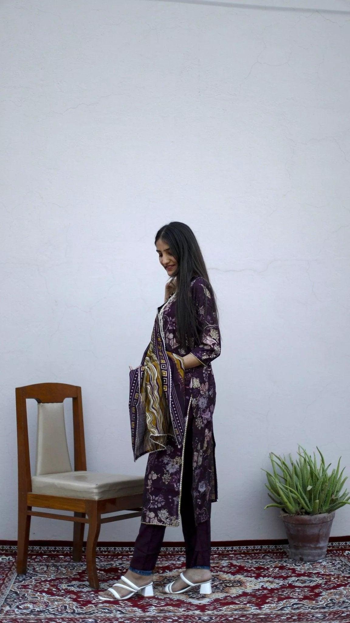Muslin Silk Gota Patti Hand Work Kurta With Modal Dupatta & Pant - M'Foks