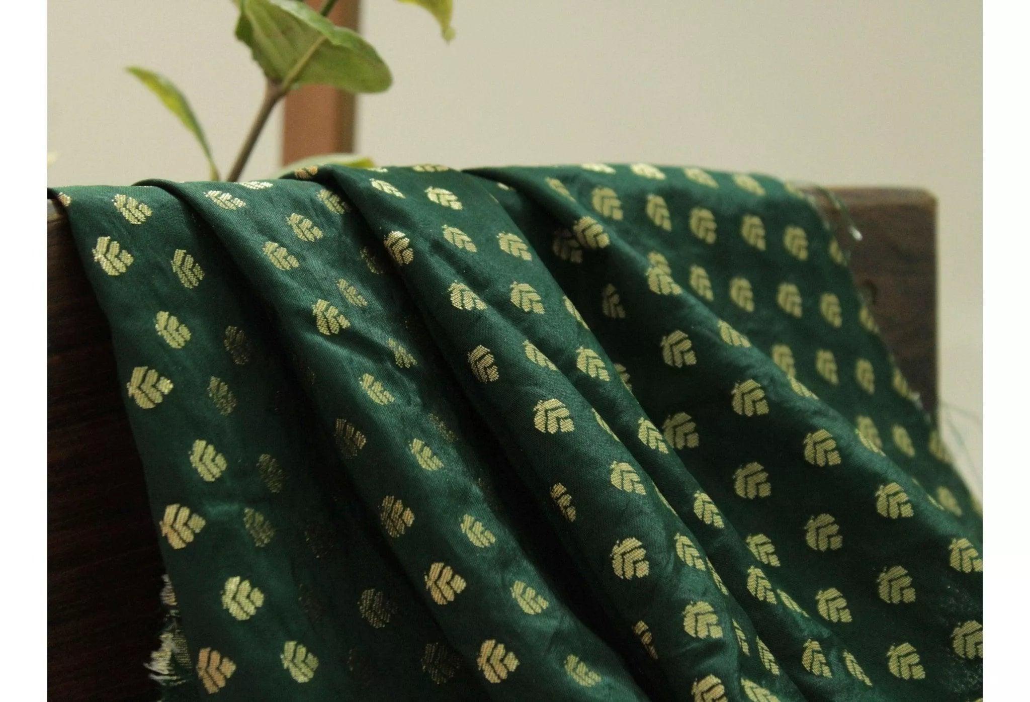 Pure Banarasi Meena Jacquard Brocade Fabric - Dark Green - M'Foks