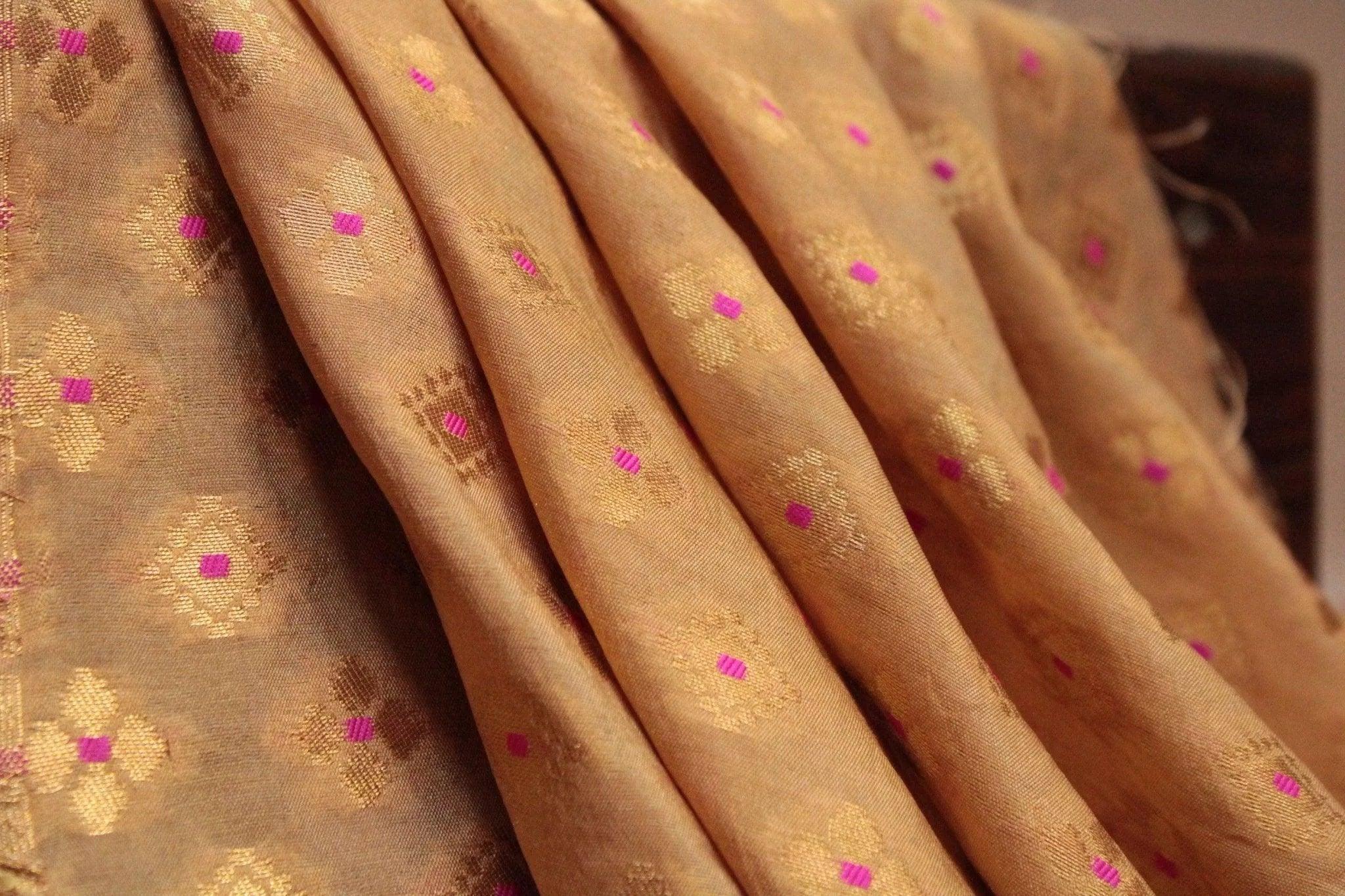 Pure Banarasi Meena Jacquard Brocade Fabric - Golden - M'Foks