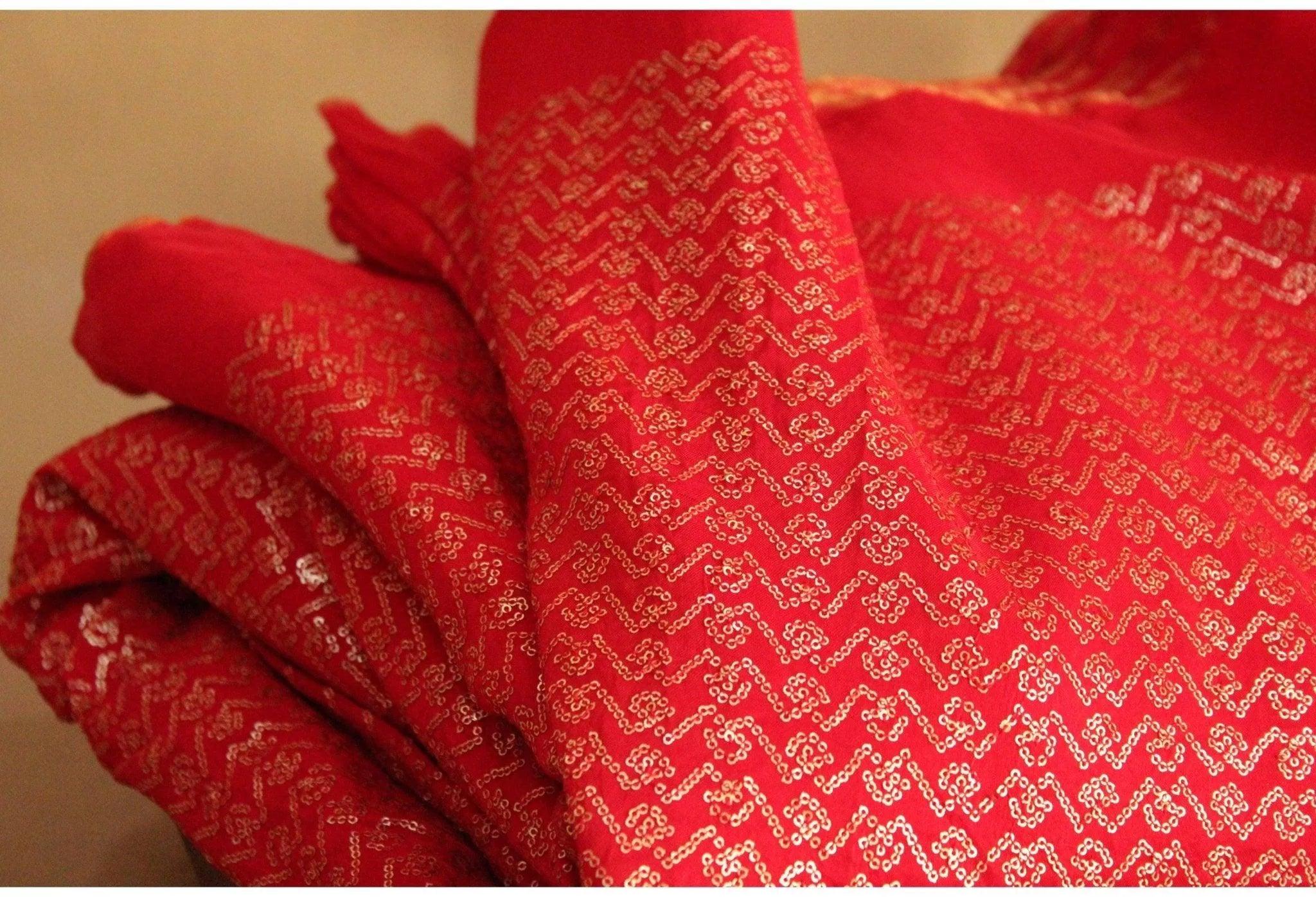Pure Upada Silk Micro Sequin Work Fabric - Red - M'Foks