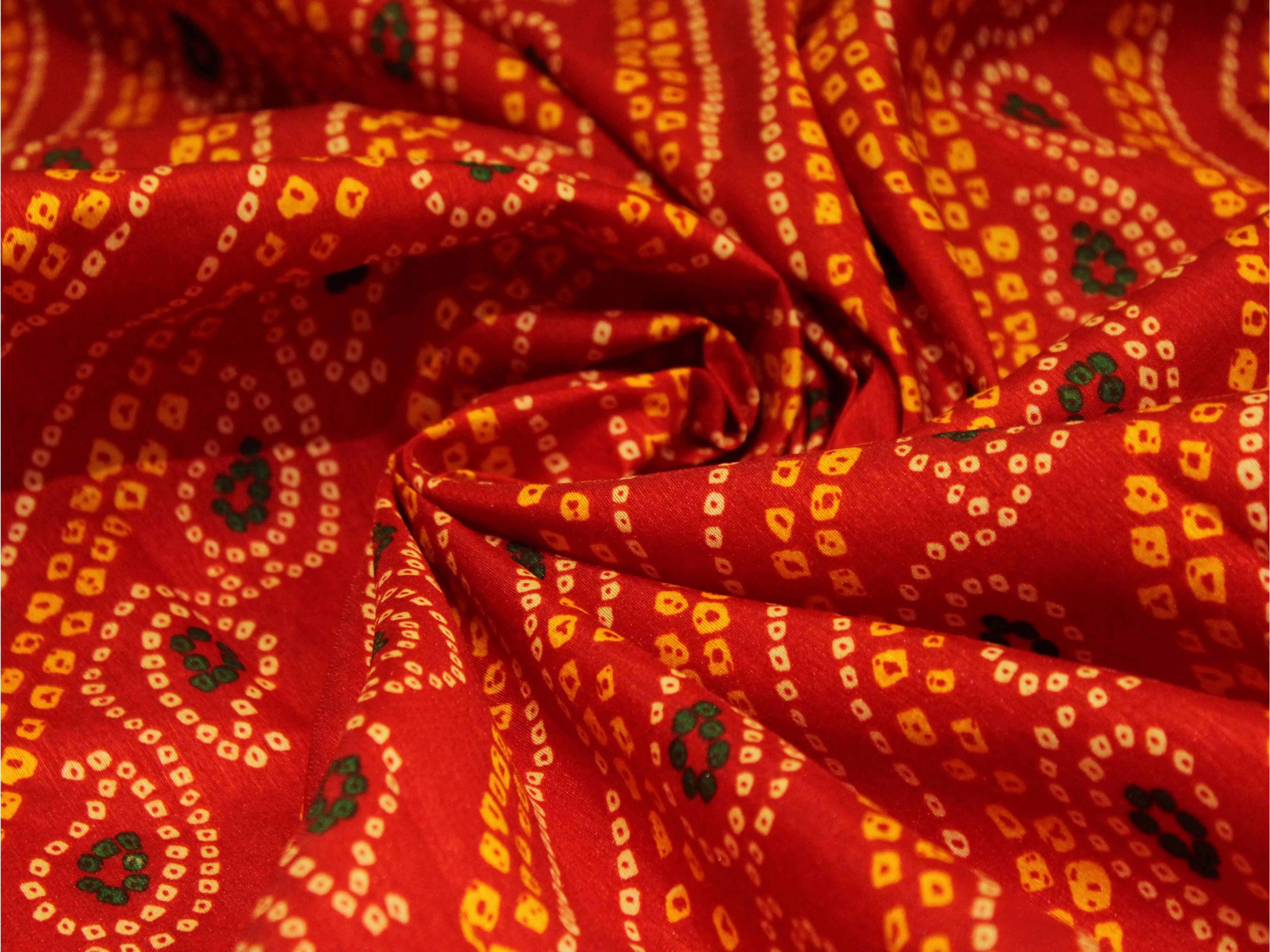 Raw Silk Bandhani Print Fabric - Red - M'Foks