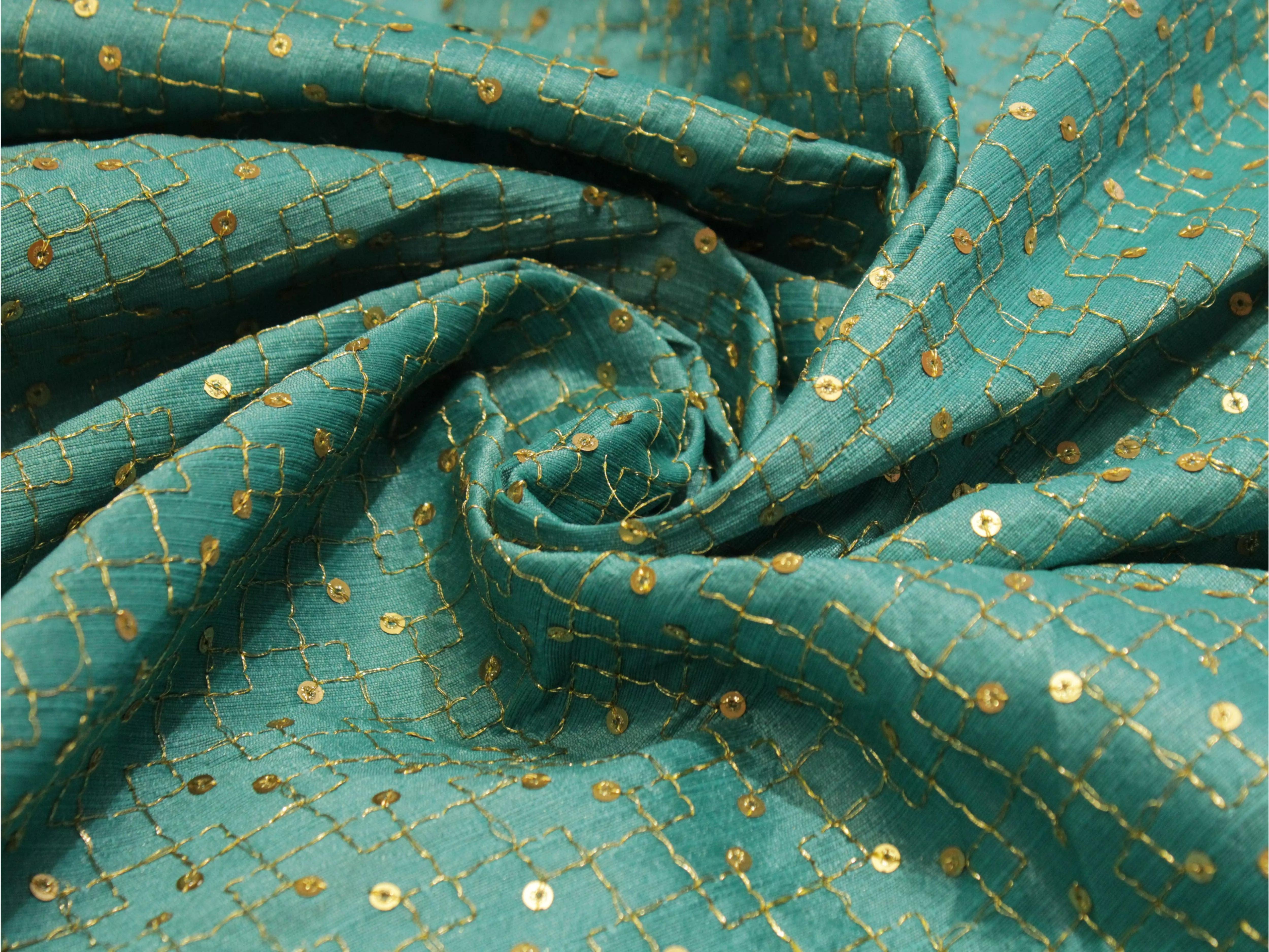 Raw Silk Zari & Sequin Work Fabric - Blue - M'Foks