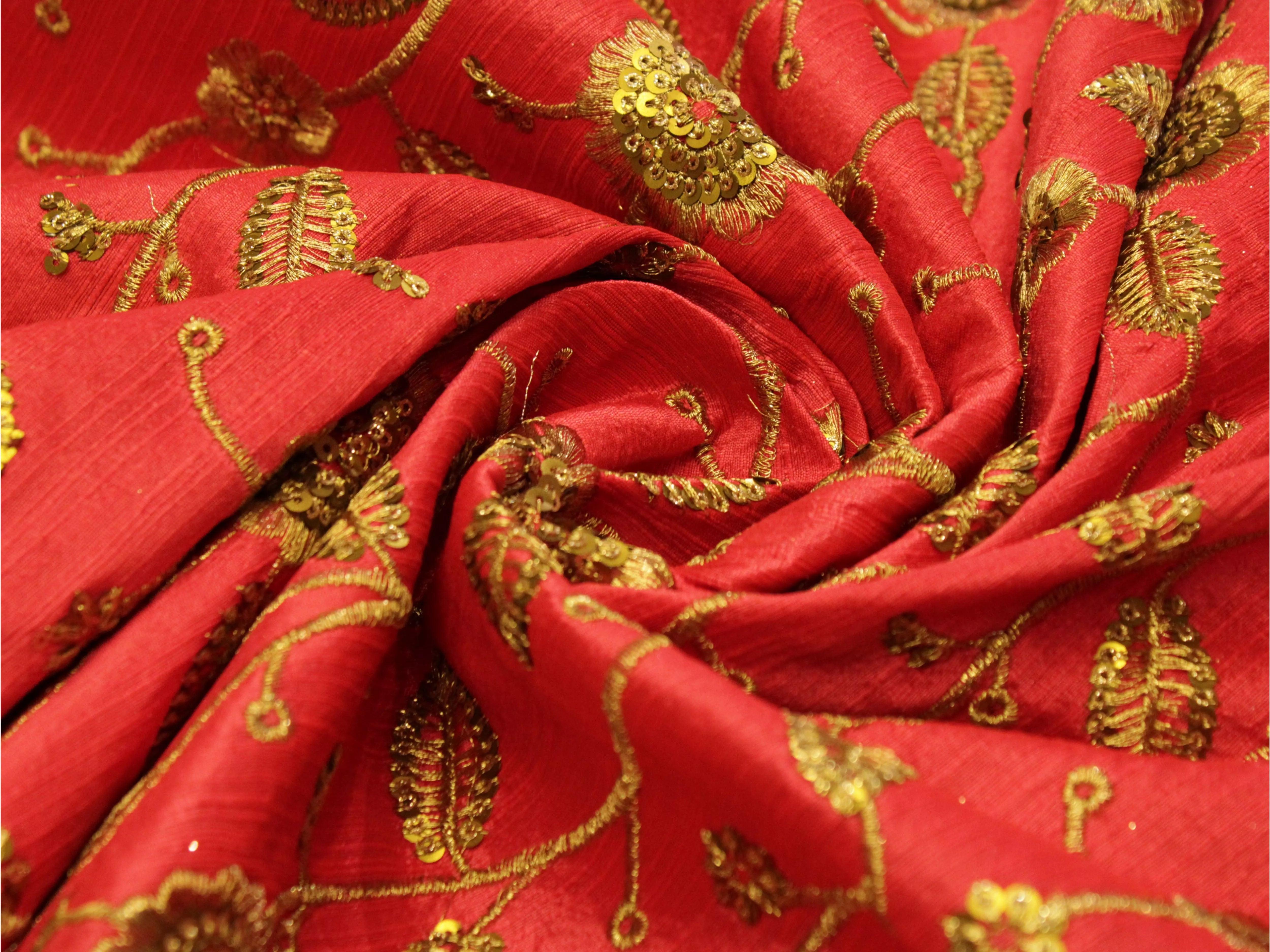 Raw Silk Zari Thread Work Fabric - Carrot - M'Foks