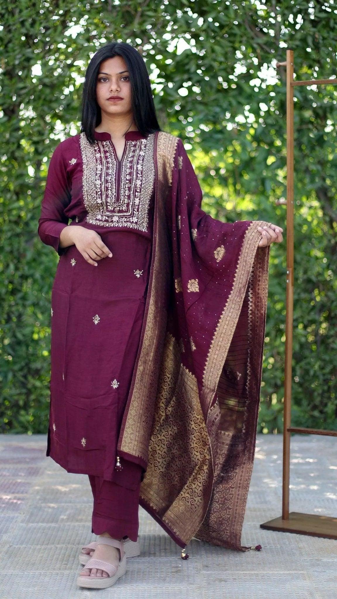 Royal Silk Hand Work Kurta With Banarasi Dupatta & Pant - Wine - M'Foks