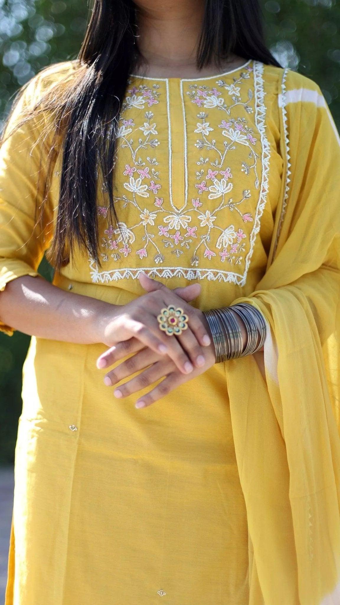 Royal Silk Hand Work Kurta With Lehariya Dupatta & Pant - Yellow - M'Foks