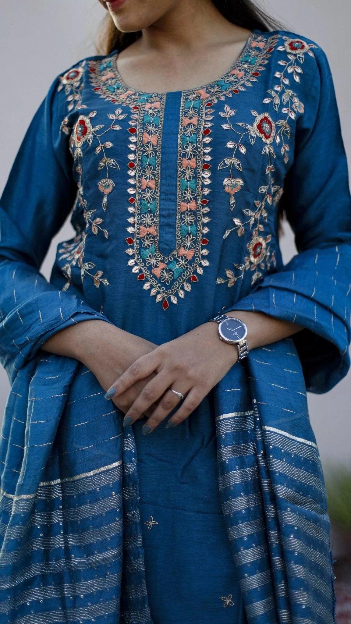 Royal Silk Hand Work Kurta With Zari woven Dupatta & Pant - Peacock Blue - M'Foks