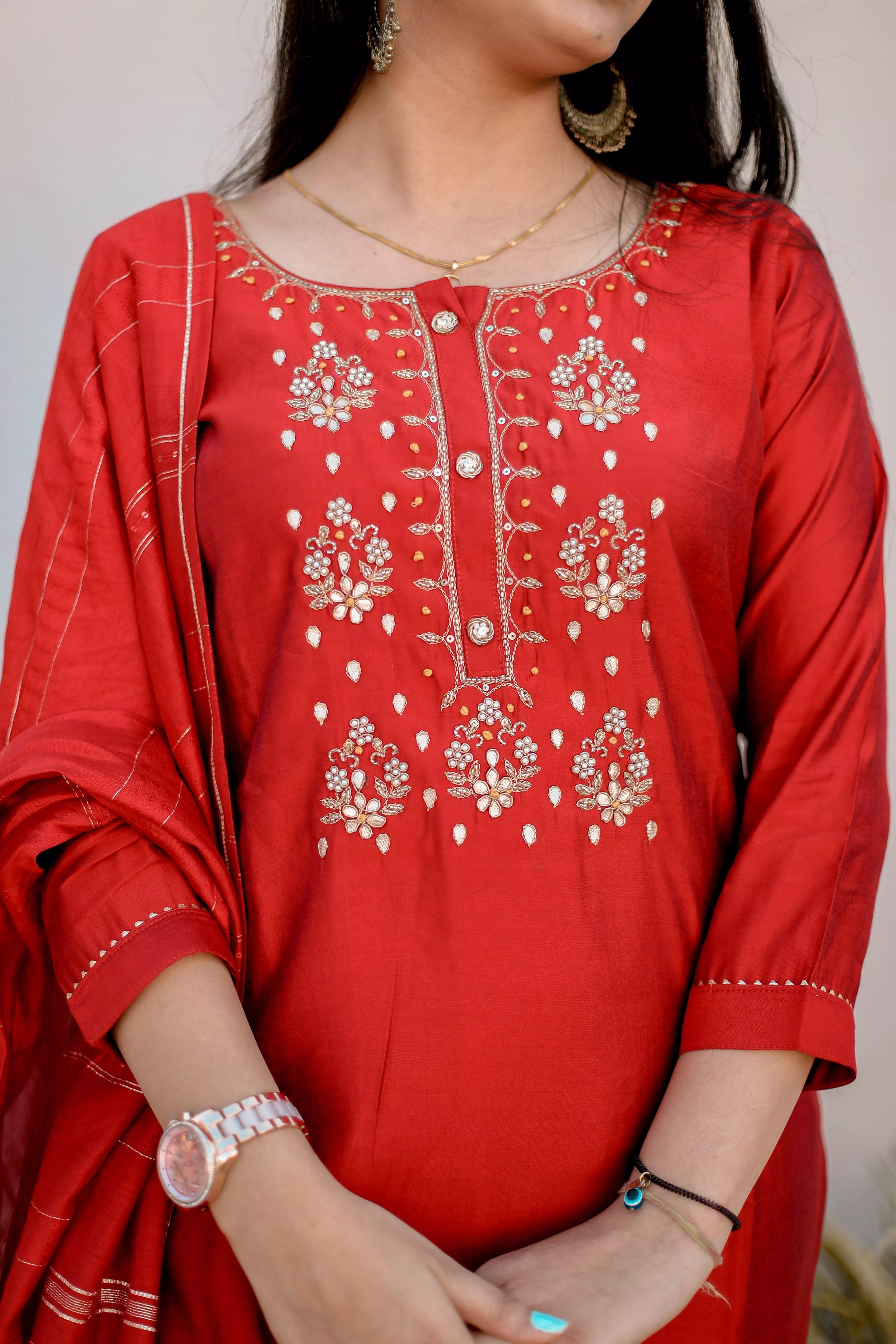 Ruby Elegance : Vintage-inspired Muslin Silk Sharara Outfit by M'Foks - M'Foks