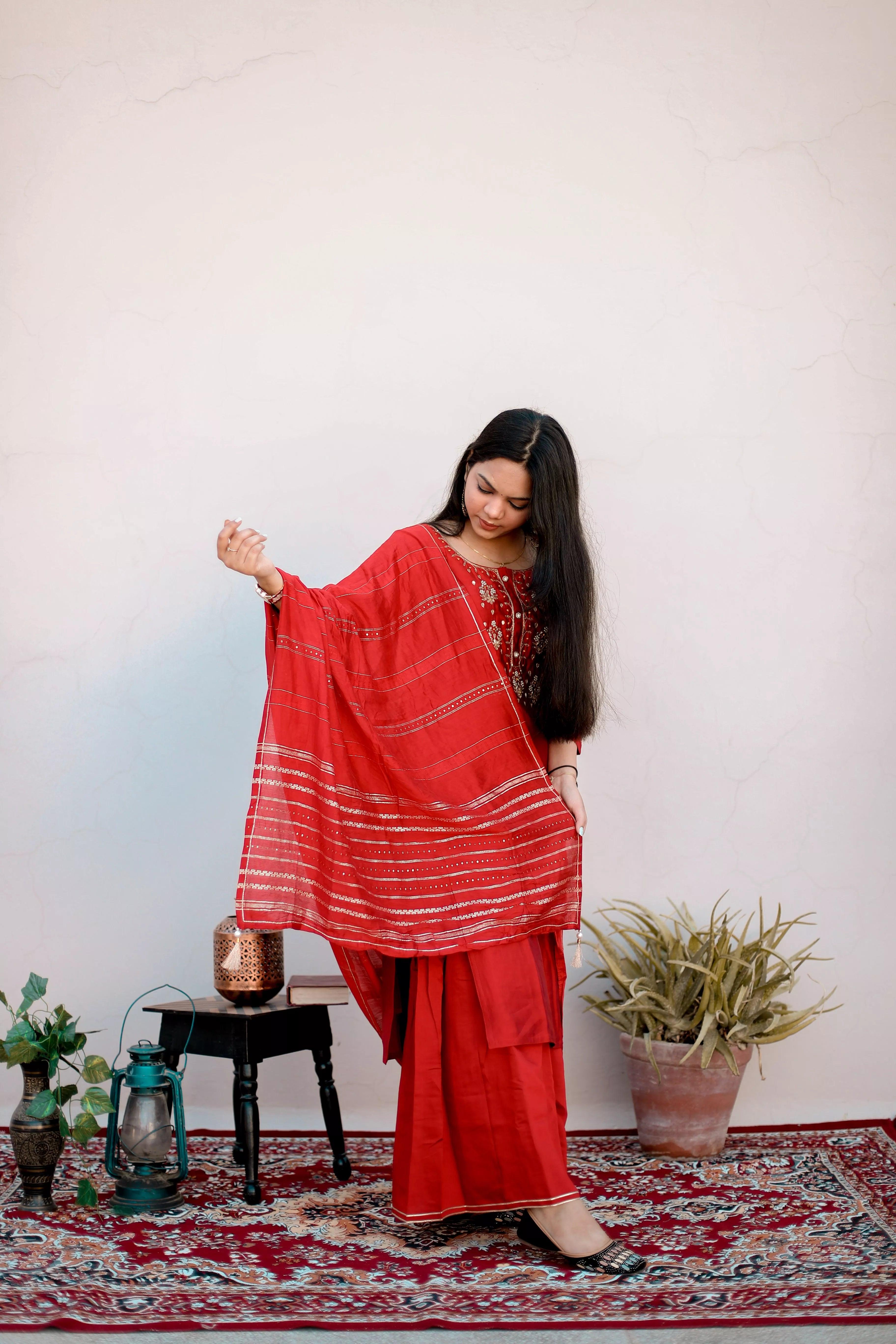 Ruby Elegance : Vintage-inspired Muslin Silk Sharara Outfit by M'Foks - M'Foks