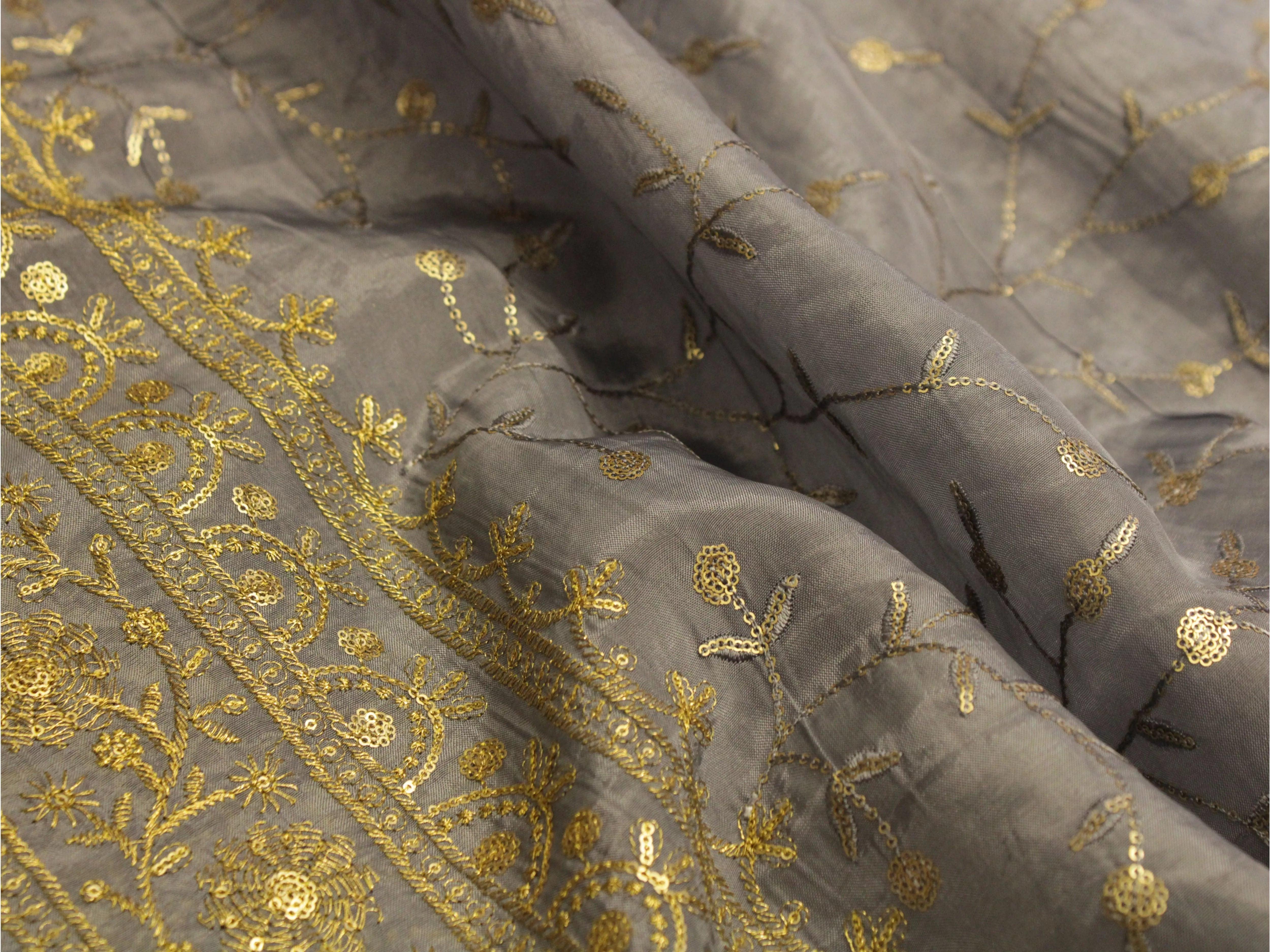Upada Silk Micro Work Panel Pattern Fabric - Grey - M'Foks