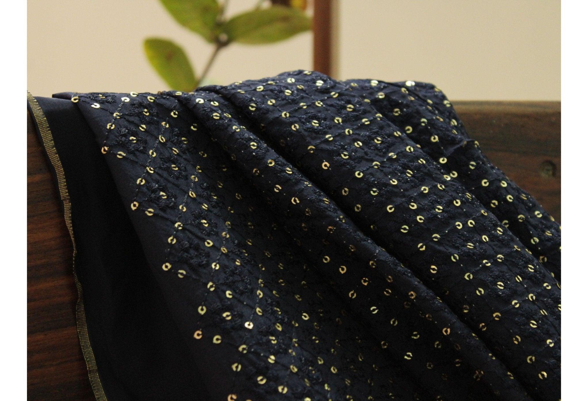 Upada Silk Thread & Sequins Work Fabric - Dark Blue - M'Foks