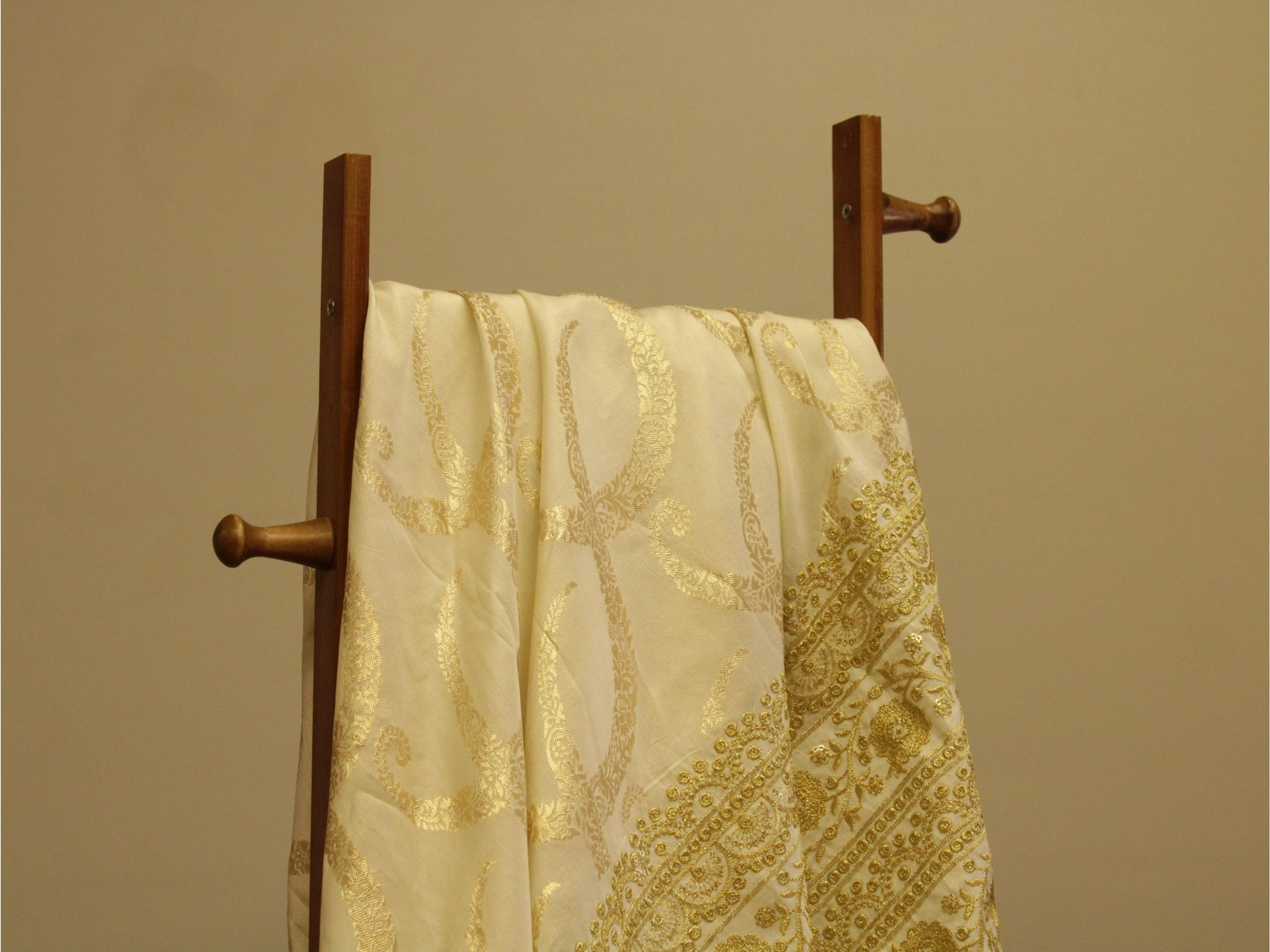 Zari Woven Panel Work Dola Silk Fabric - Off White - M'Foks