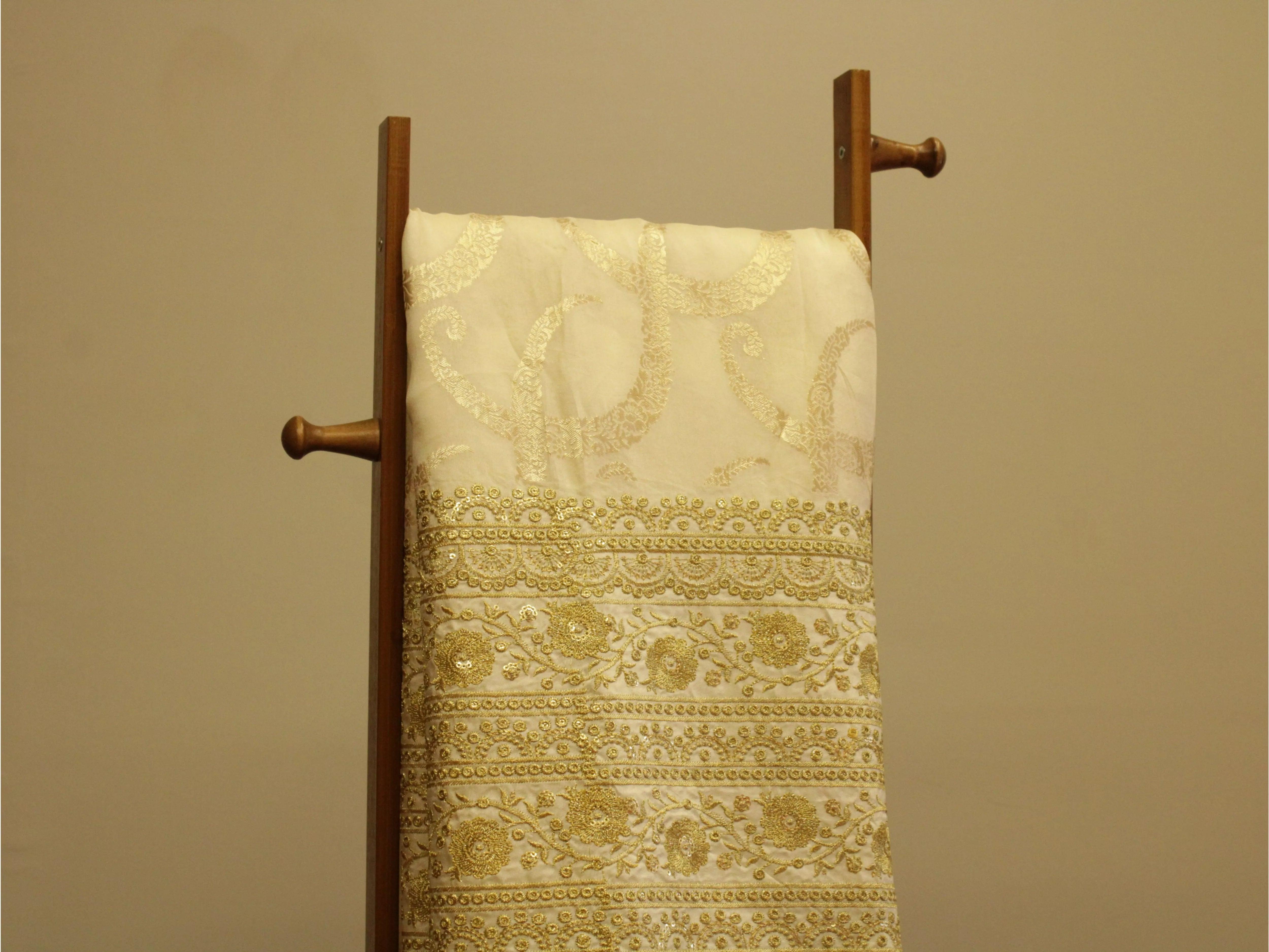 Zari Woven Panel Work Dola Silk Fabric - Off White - M'Foks