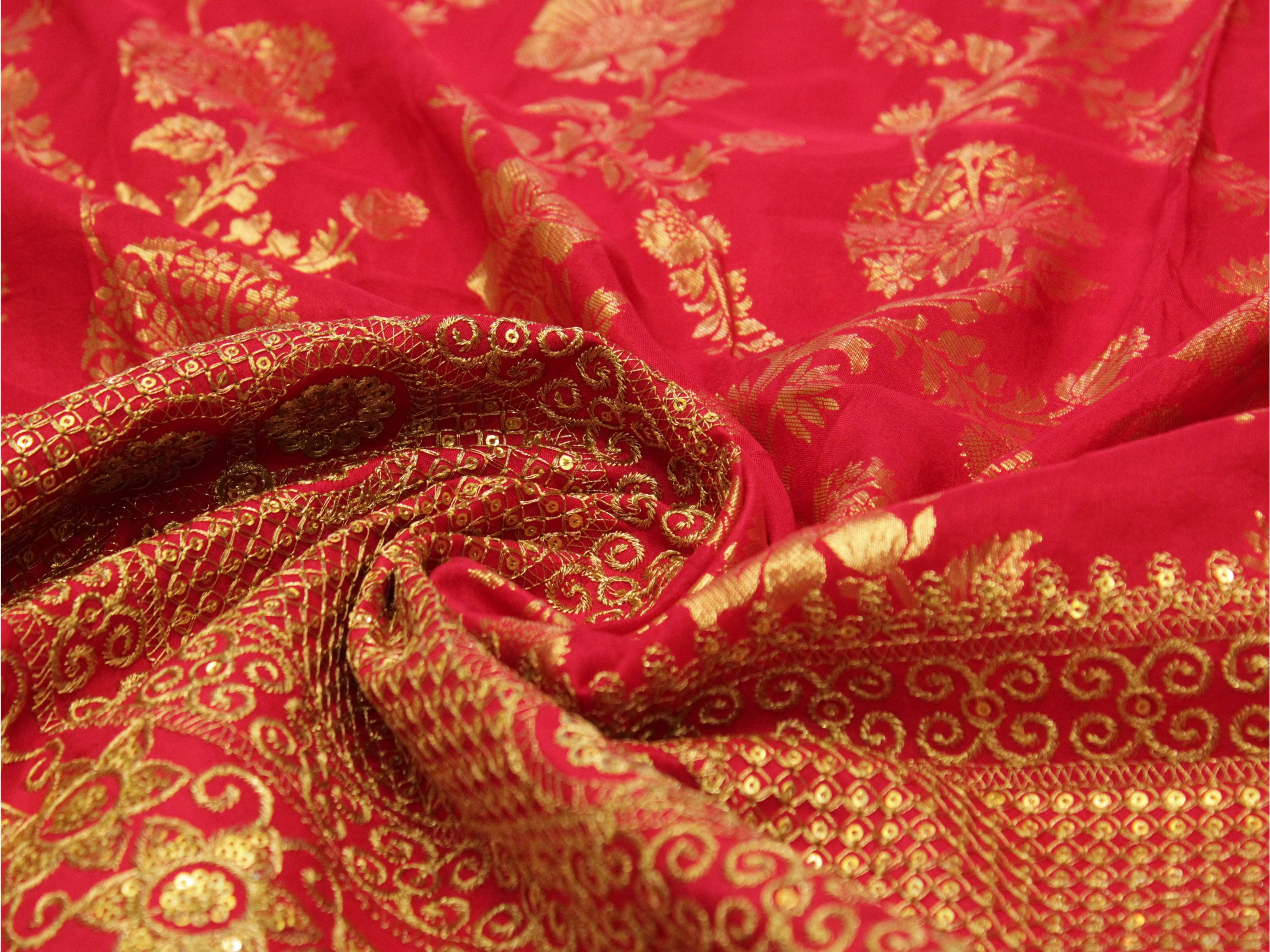 Zari Woven Panel Work Dola Silk Fabric - Rani - M'Foks